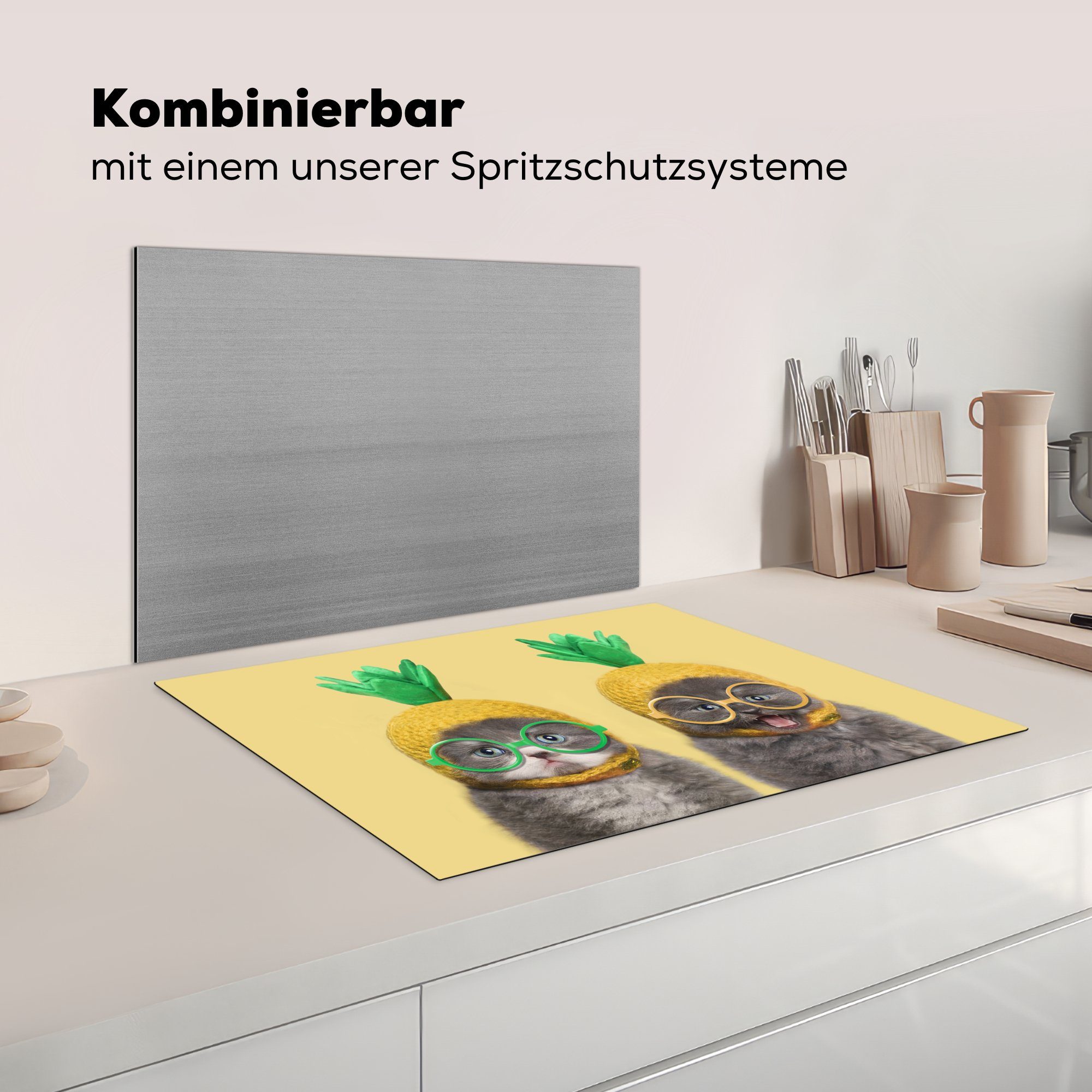 - Mobile Vinyl, 70x52 nutzbar, cm, Hut MuchoWow tlg), Ananas, Ceranfeldabdeckung (1 Katze Herdblende-/Abdeckplatte - Arbeitsfläche