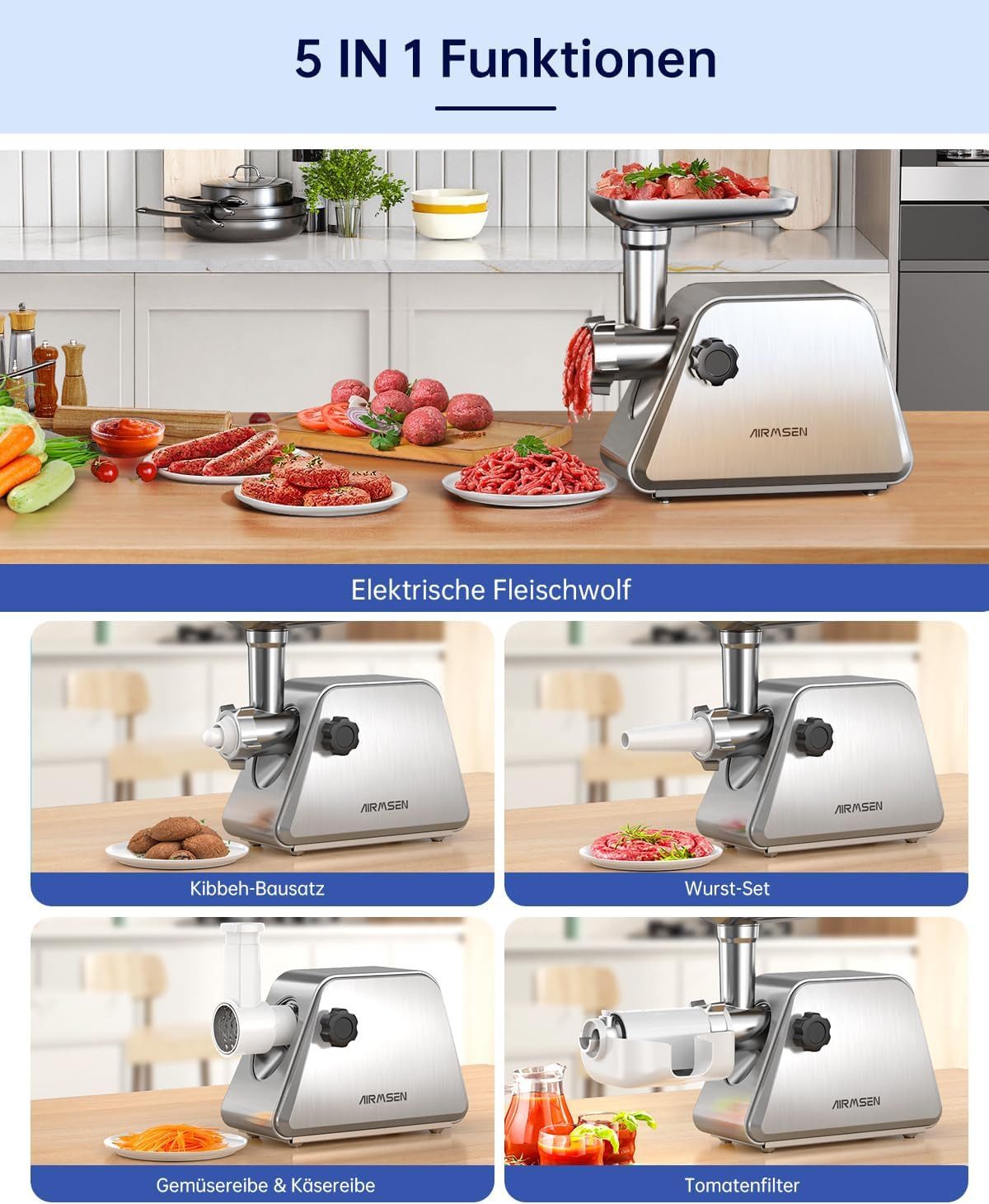 Airmsen Fleischwolf Elektrisch 5-in-1 Gemüseschneider Wurstfüller Mit 2 Edelstahl-Klingen, 3 Edelstahl-Lochscheiben (5/7/15 mm), Wurst- & Kebbeh-Aufsatz