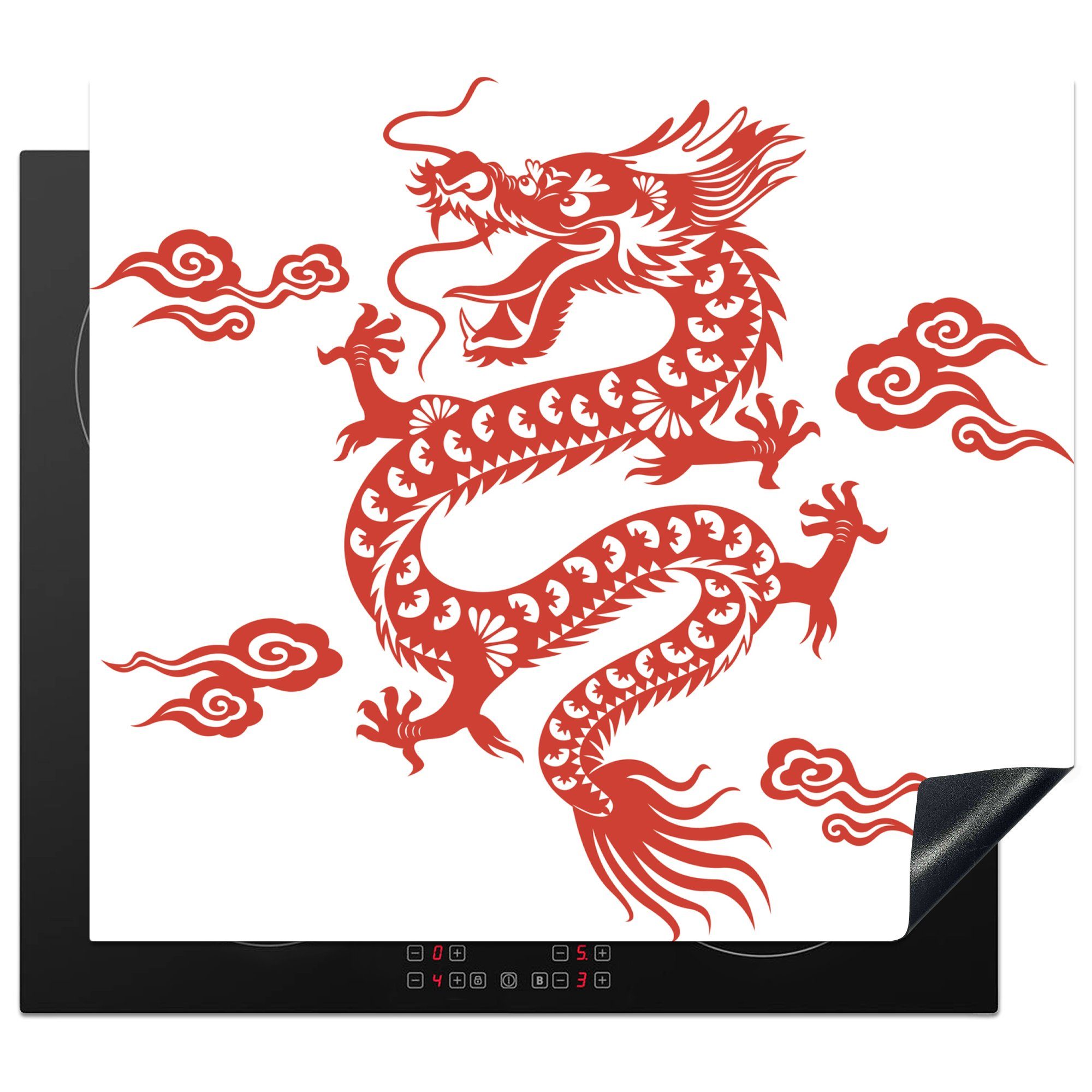 MuchoWow Herdblende-/Abdeckplatte Eine Illustration eines roten chinesischen Drachens, Vinyl, (1 tlg), 57x51 cm, Induktionsschutz, Induktionskochfeld, Ceranfeldabdeckung