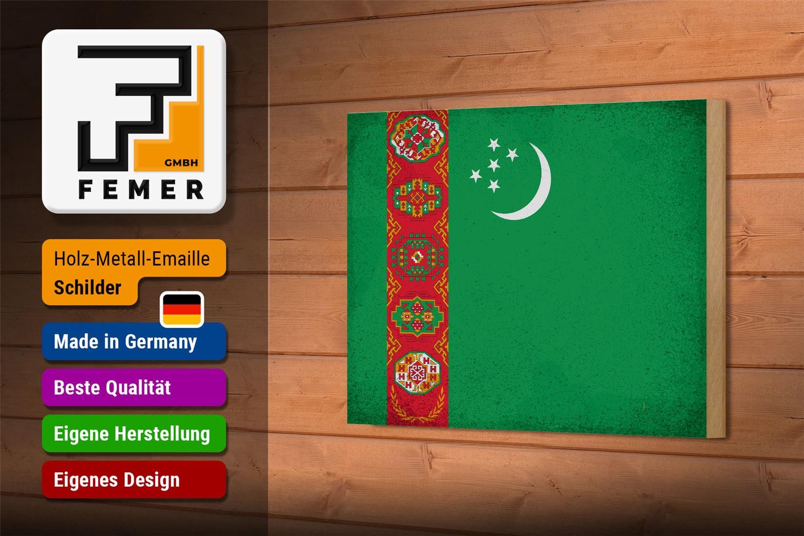 Femer GmbH Holzbild Flagge Turkmenistan 18x12cm Flag Vintage, Flaggen (1 St), Glatte Holzfaserplatte (MDF), vorn beschichtet