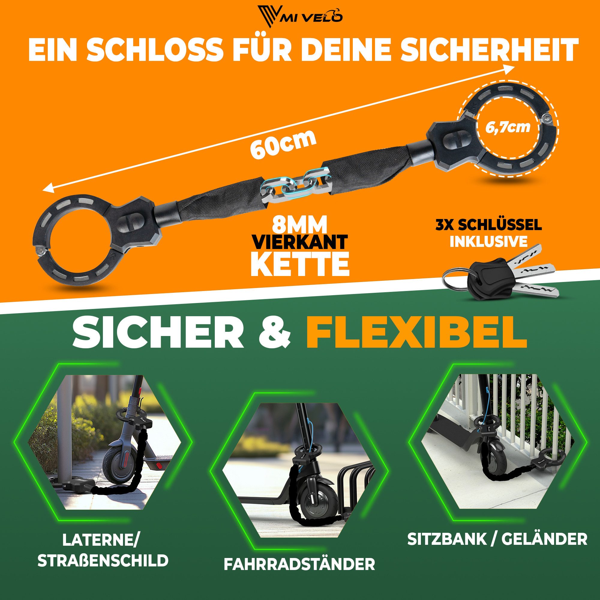 MIVELO Kettenschloss Handschellenschloss für E-Scooter & Fahrrad mit Schlüssel, inkl. Halterung