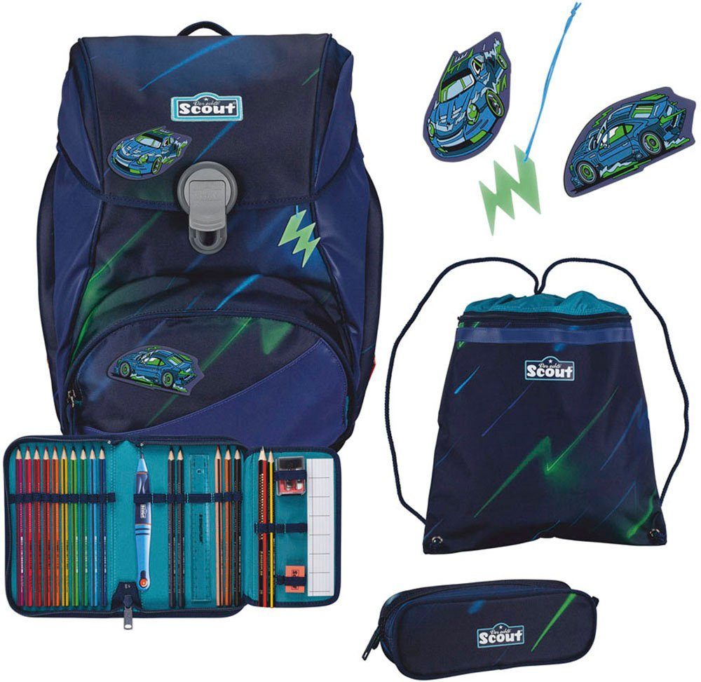 Scout Schulranzen Alpha Superflash, City Lights (Set, 4-tlg), mit retrorefl. Flächen & 2 Funny Snaps; enthält recyceltes Material
