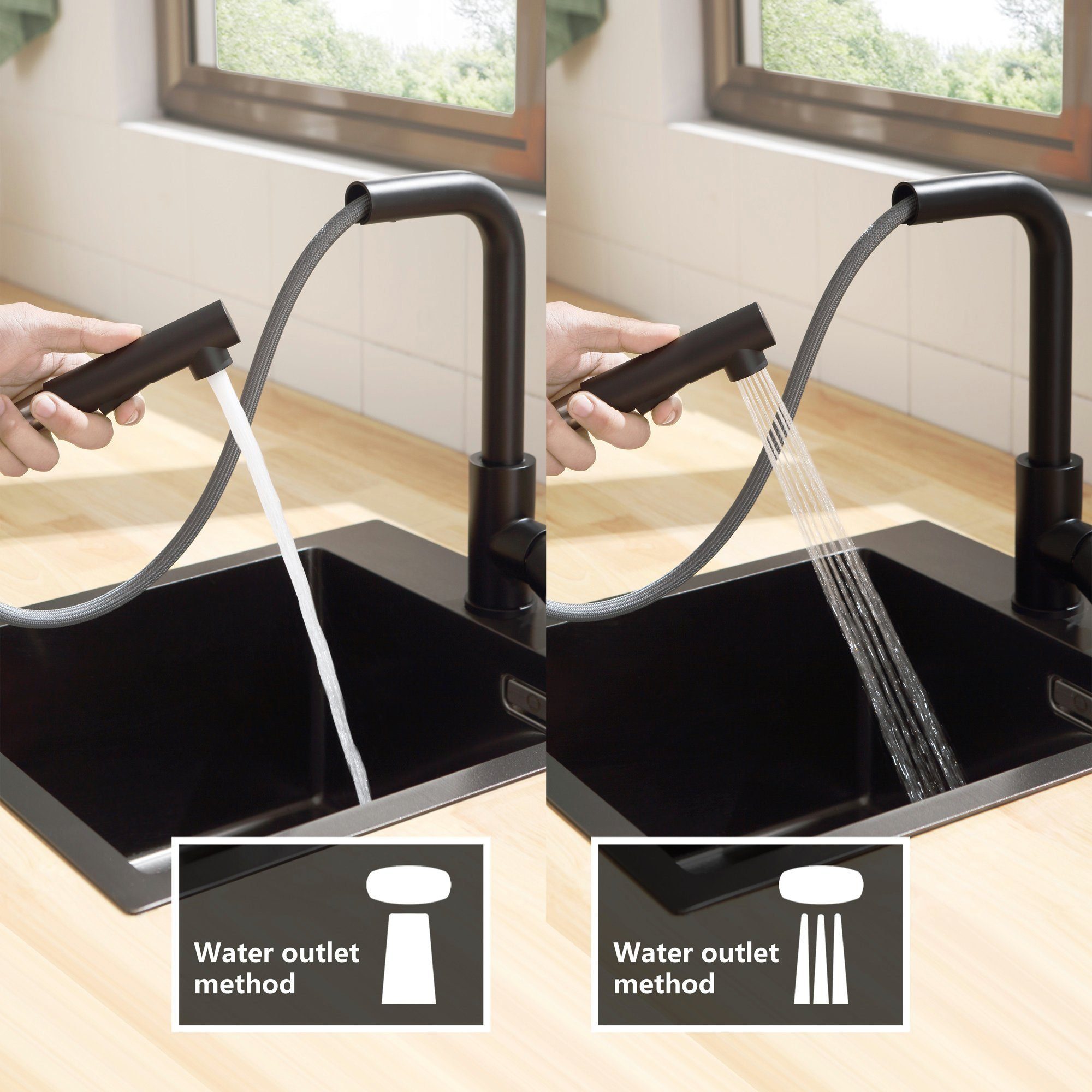 Schwarz Niederdruck Ausziehbar Küchenarmatur Wasserhahn 360 Drehbare ° Küchenarmatur CECIPA