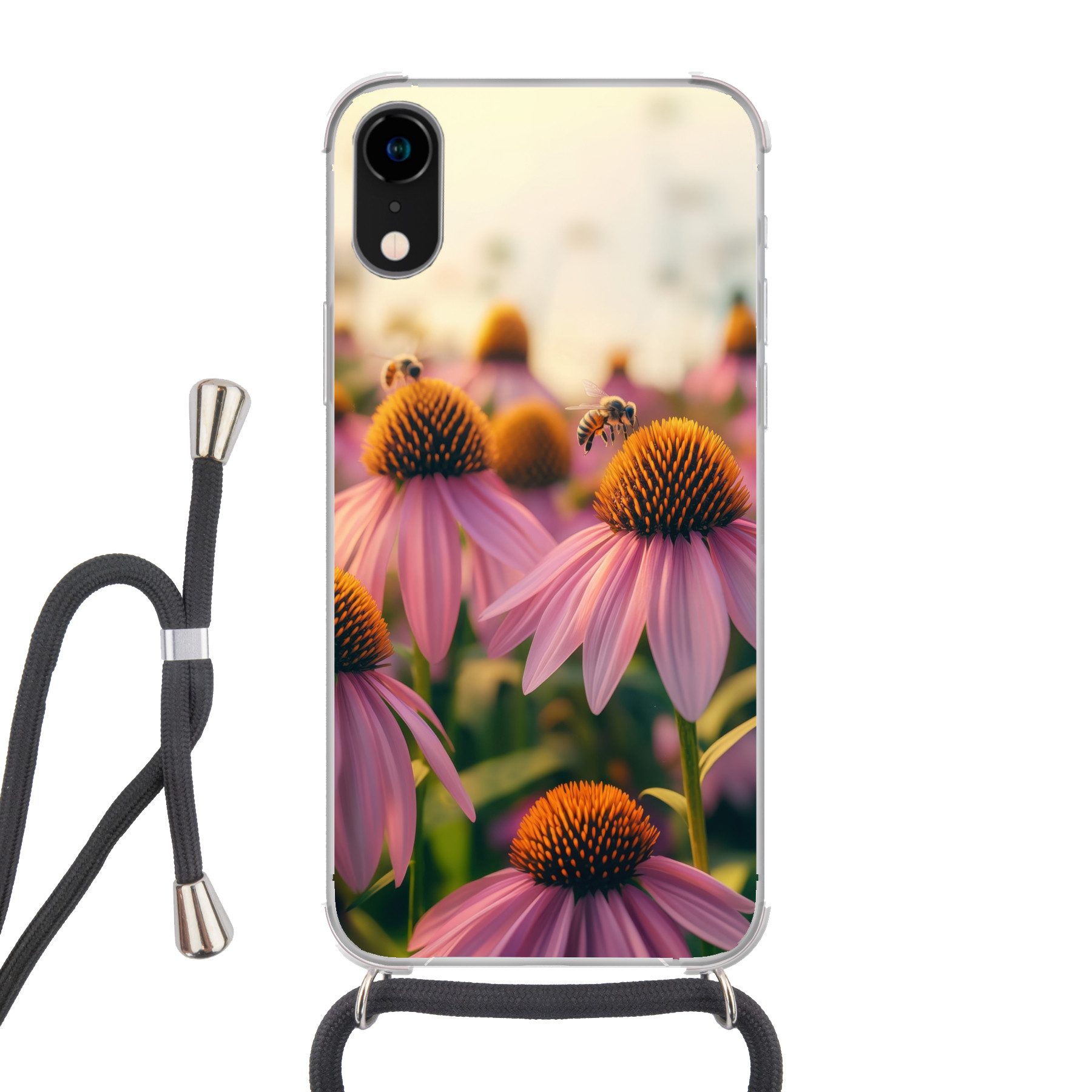 MuchoWow Handyhülle für Apple iPhone XR Blumen - Lila - Bienen, Tragbare Handyhüllen mit Kette zum umhängen, Handykette Handyband