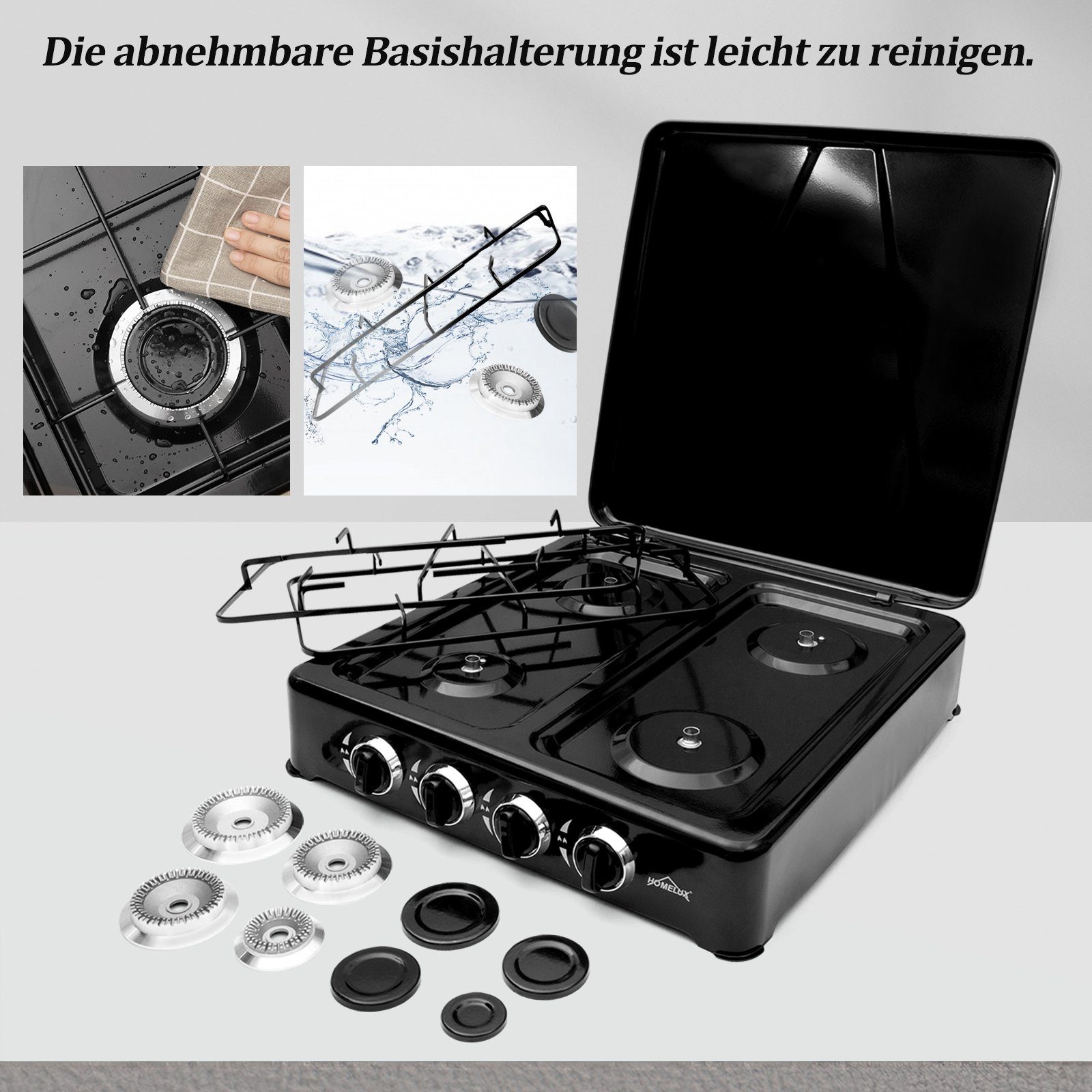 HOMELUX Gaskocher 6,2 KW Gaskocher, 4 Flammig Campingkocher Kochfeld, (2,2 kW + 2x 1,5 kW + 1,0 kW), Gaskocher mit Schlauch-Anschluss und Druckmindere