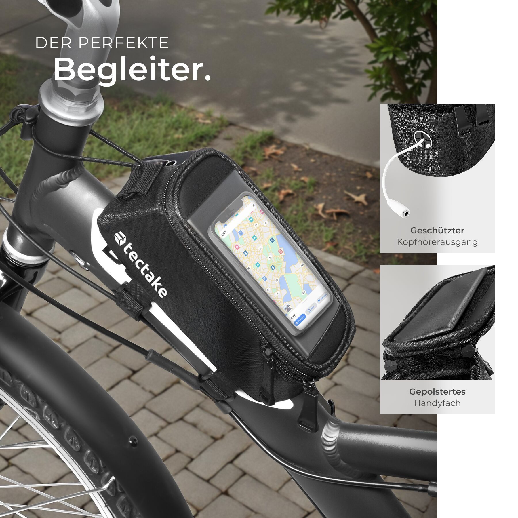 tectake Fahrradtasche (Fahrradtasche GEORG, in schwarz), Inkl. 3,5 mm Kopfhörerverlängerungskabel – Bild 4 von 5