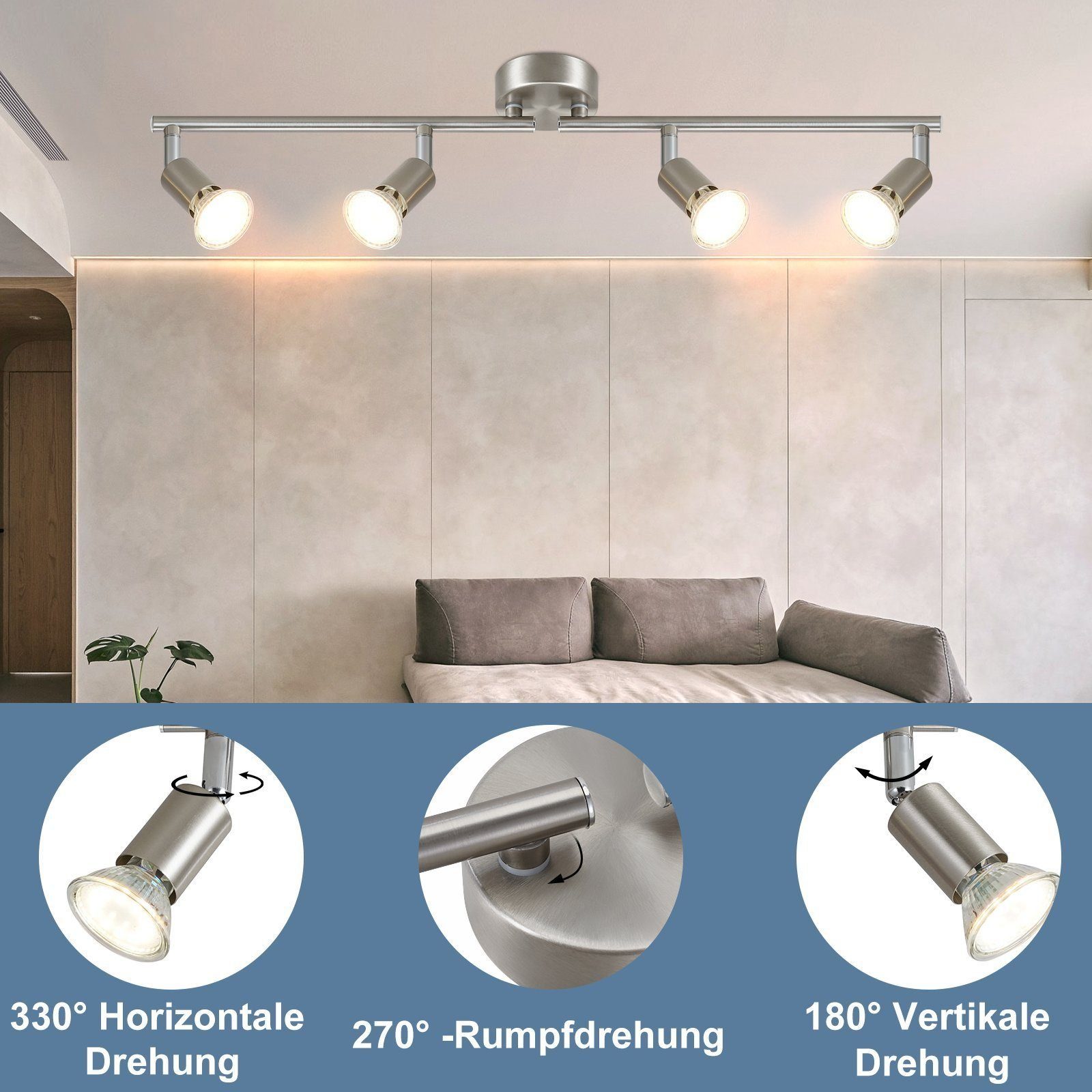 ZMH - 350°Drehbar Decke Deckenleuchte innen, GU10 Schwenkbar ohne Edelstahl Spot Deckenspot, Flammig Leuchtmittel, Wohnzimmer 4 Strahler Modern Nickel