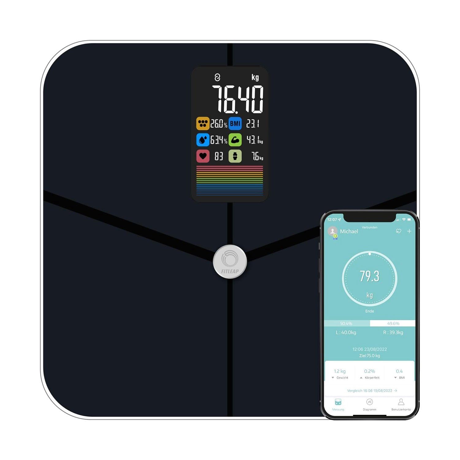 Personenwaage Waage mit Körperfett- & Muskelanalyse bis 180kg, mit großen Display &…