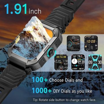 Popglory Smartwatch (1,91 Zoll, Android iOS), Herren mit Telefonfunktion HD Fitness Tracker 100 Sportmodi Armbanduhr
