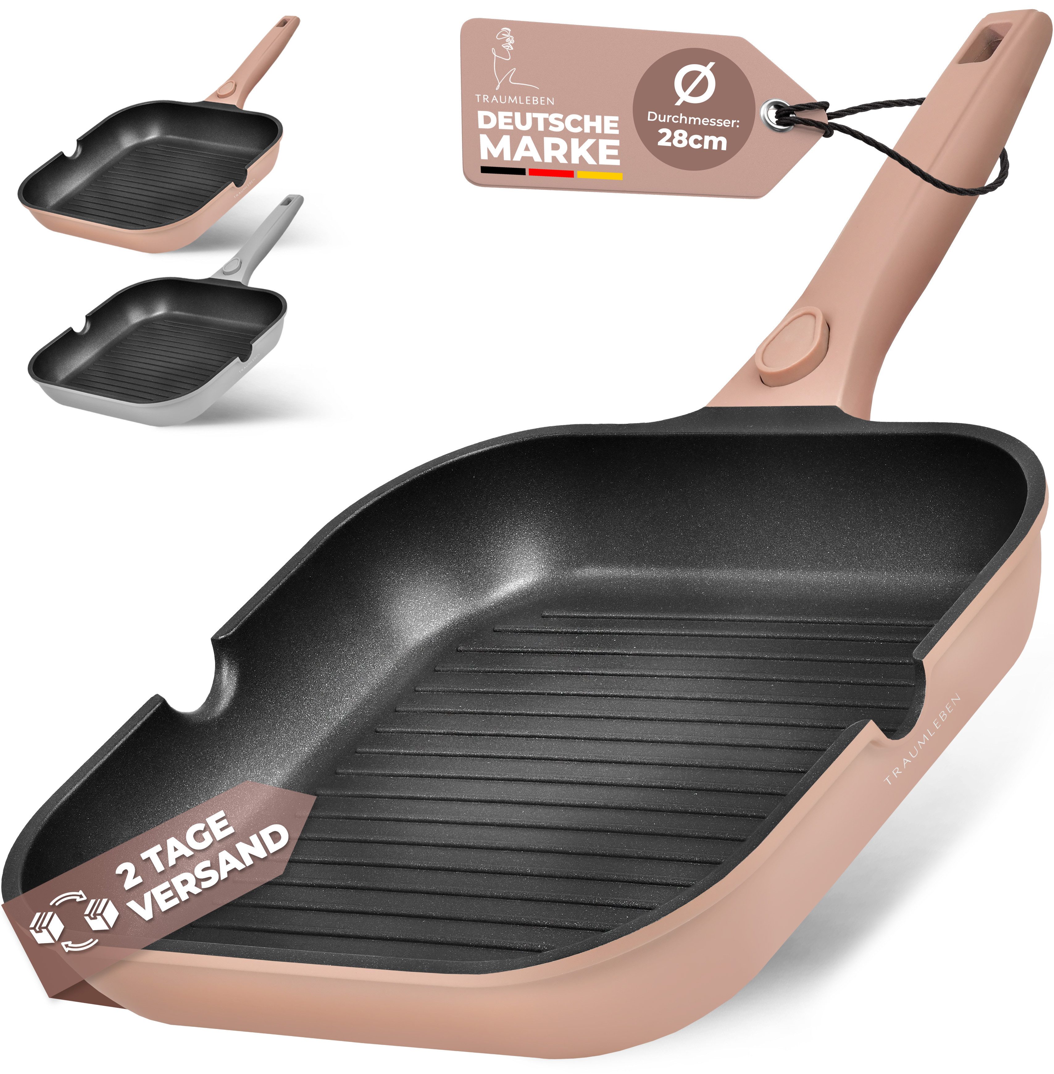 TRAUMLEBEN Grillpfanne 28 cm, abnehmbarer Griff, Antihaft, Induktion, backofenfest, Aluminium, Viereckige Grillpfanne aus Aluguss
