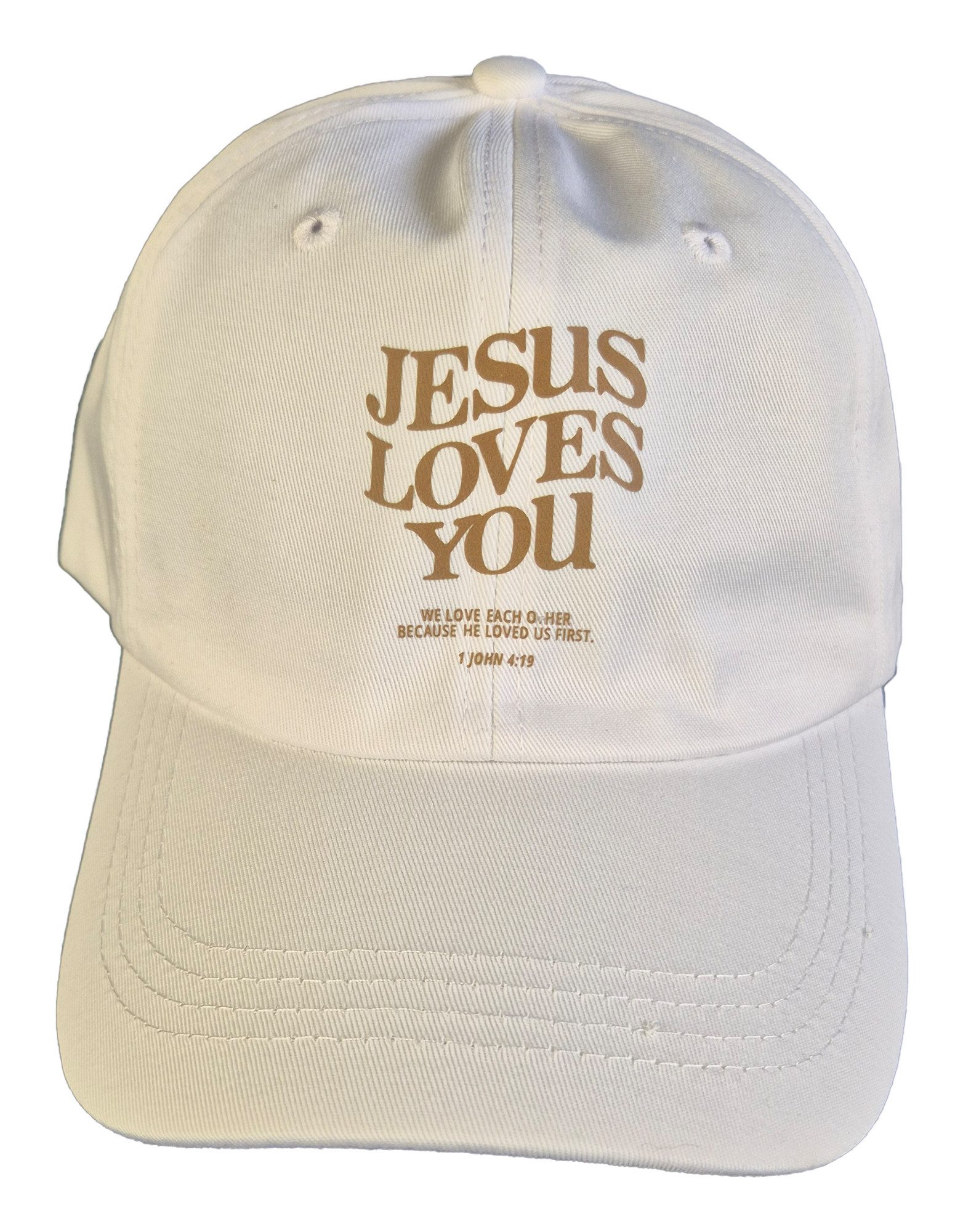 Einkaufszauber Schirmmütze Baseball Cap Schirmmütze "Jesus loves you" Weiß - besonders langer Schirm bietet guten Sonnenschutz
