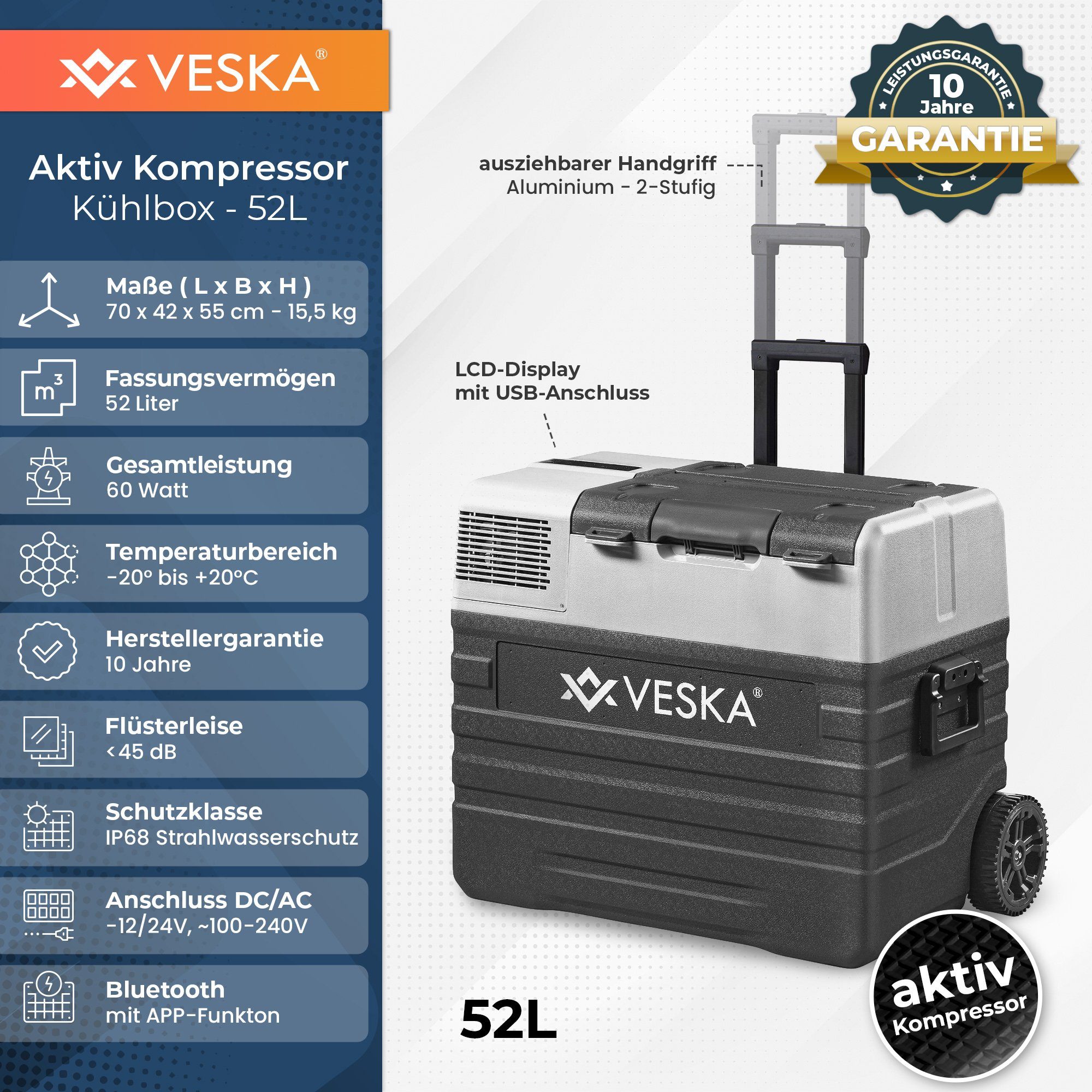 VESKA Elektrische Kühlbox Kompressor Gefriertruhe mobiler Kühlschrank, Kühltruhe, Gefrierbox, 12V/24V, 230V, für Auto, Lkw, Boot, Wohnwagen, Camping – Bild 2 von 5