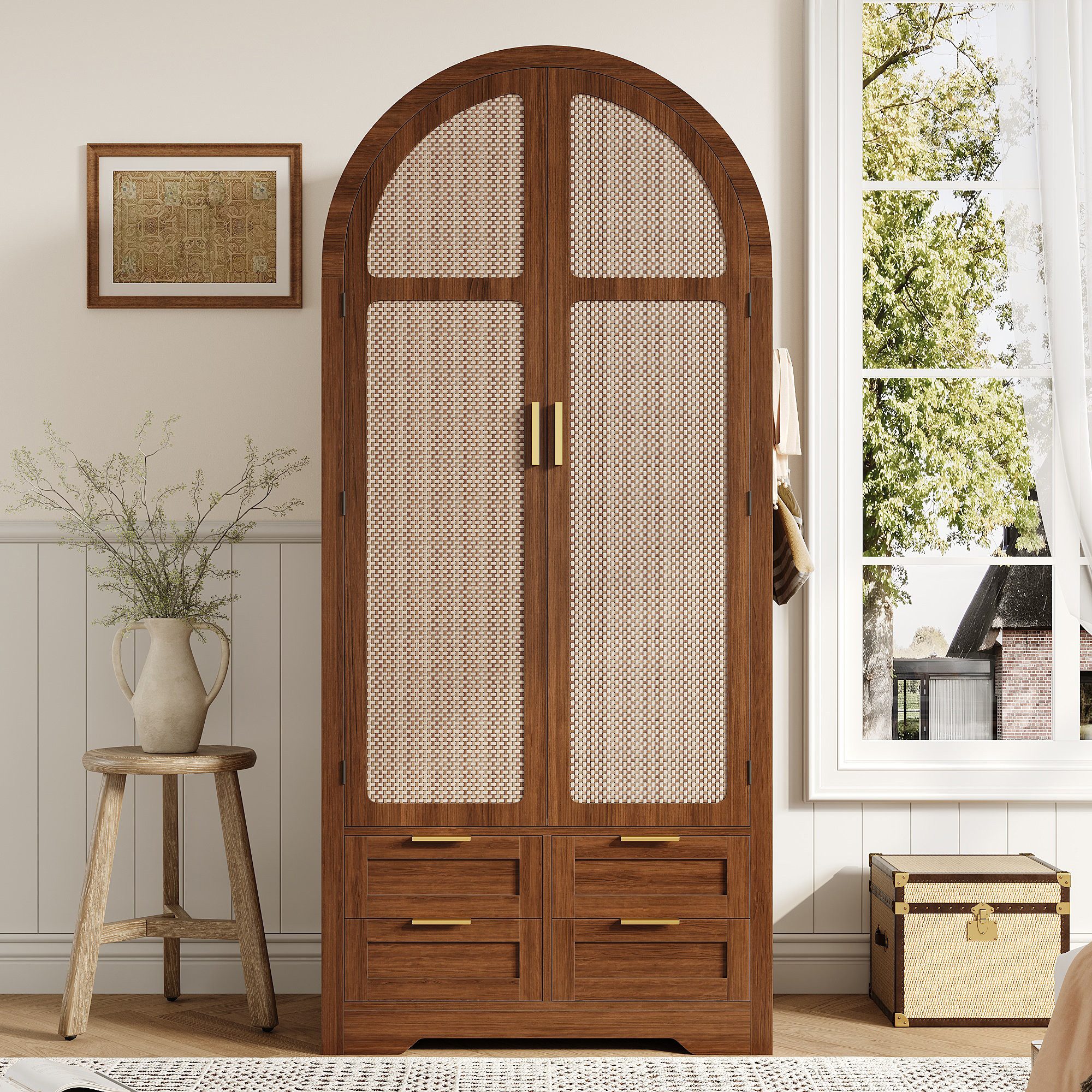 Odikalo Kleiderschrank Schrank Schlafzimmerschrank mit Rattantüren, gebogen (Stauraum Stange+Schub, atmungsaktiv,Ablagefächer, stabile Beine, atmungsaktive Rattanfront)