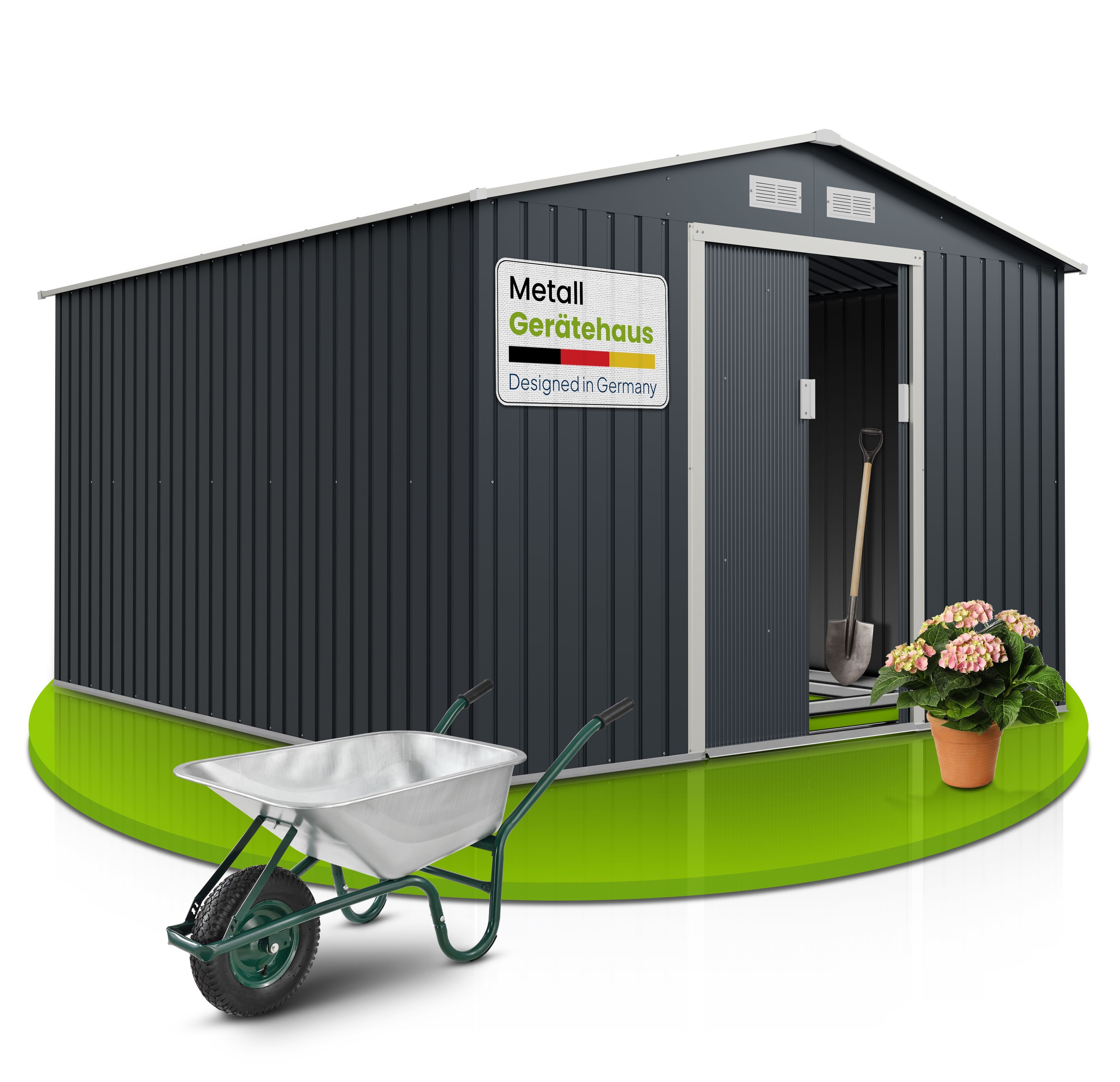 Juskys Gartenhaus XXL, mit Satteldach, Schiebetür, Fundamentrahmen, 15 m³