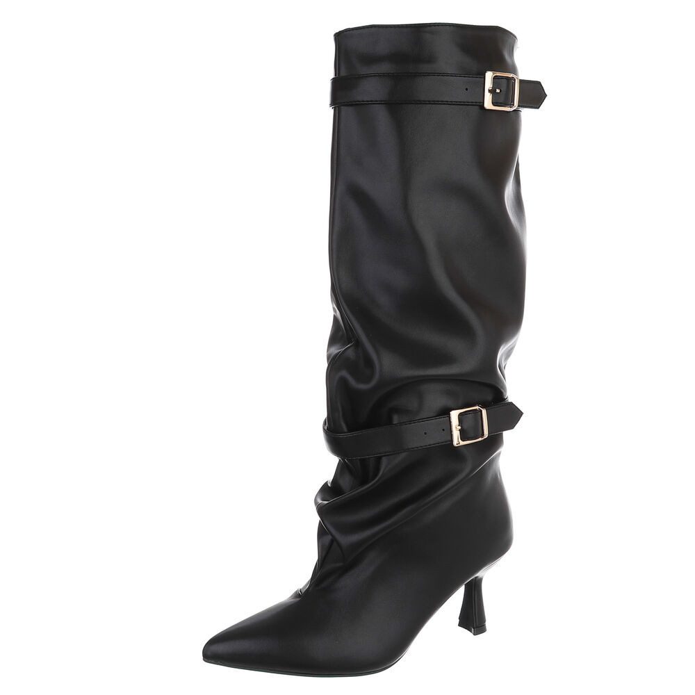 Ital-Design Damen Kniehohe Stiefel mit Schnallen und Absatz High-Heel-Stiefel (92125372) Pfennig-/Stilettoabsatz Stiefel in Schwarz