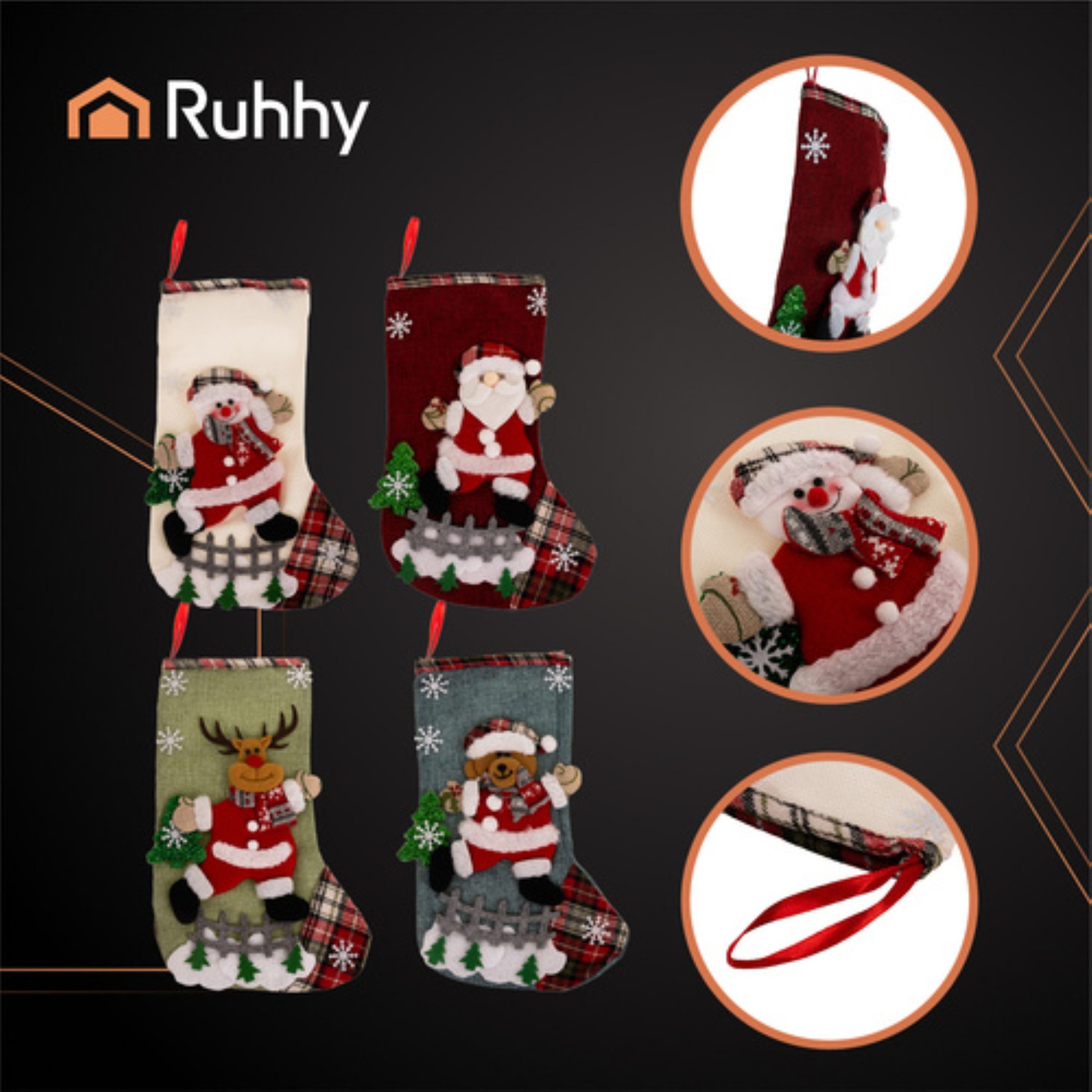 Ruhhy Nikolausstiefel Weihnachtskaminsocken Weihnachtsmann, Rentier, Schneemann, Teddybär (Dekorations- & Geschenkset für Weihnachten, 4 St., 4 dekorative Weihn – Bild 4 von 5