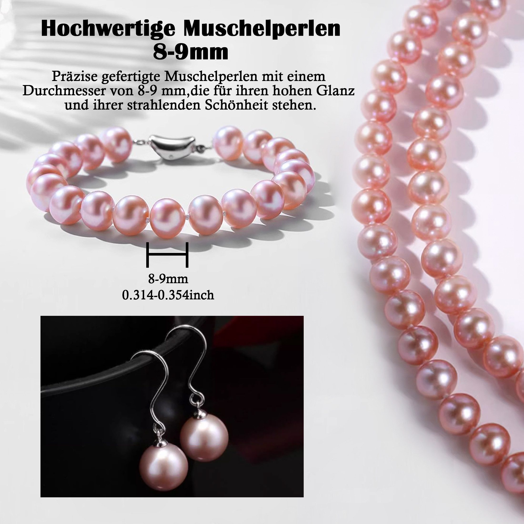 Luckice Perlenketten-Set 8-9mm Muschel Perlenkette Armband Ohrringe Set (für Frauen Männer Weiße Runde Simulierte Muschelperlen, Choker Perle Halskette Set für modische Dekorationen), für Weihnachtsgeschenke, Neujahrsgeschenke, Valentinstagsgeschenk