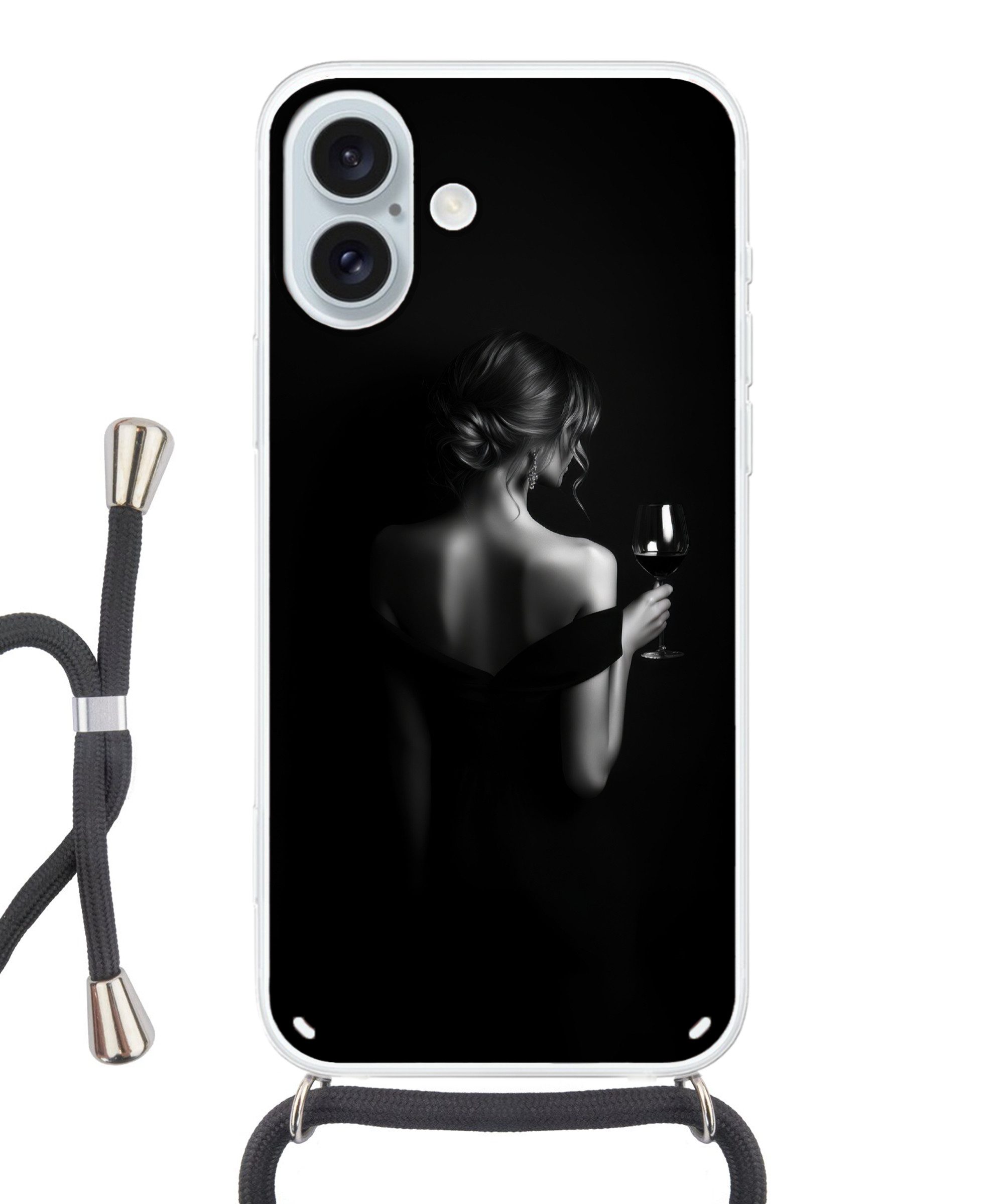 MuchoWow Handyhülle für Apple iPhone 16 Plus Frau - Wein - Kleid, Tragbare Handyhüllen mit Kette zum umhängen, Handykette Handyband