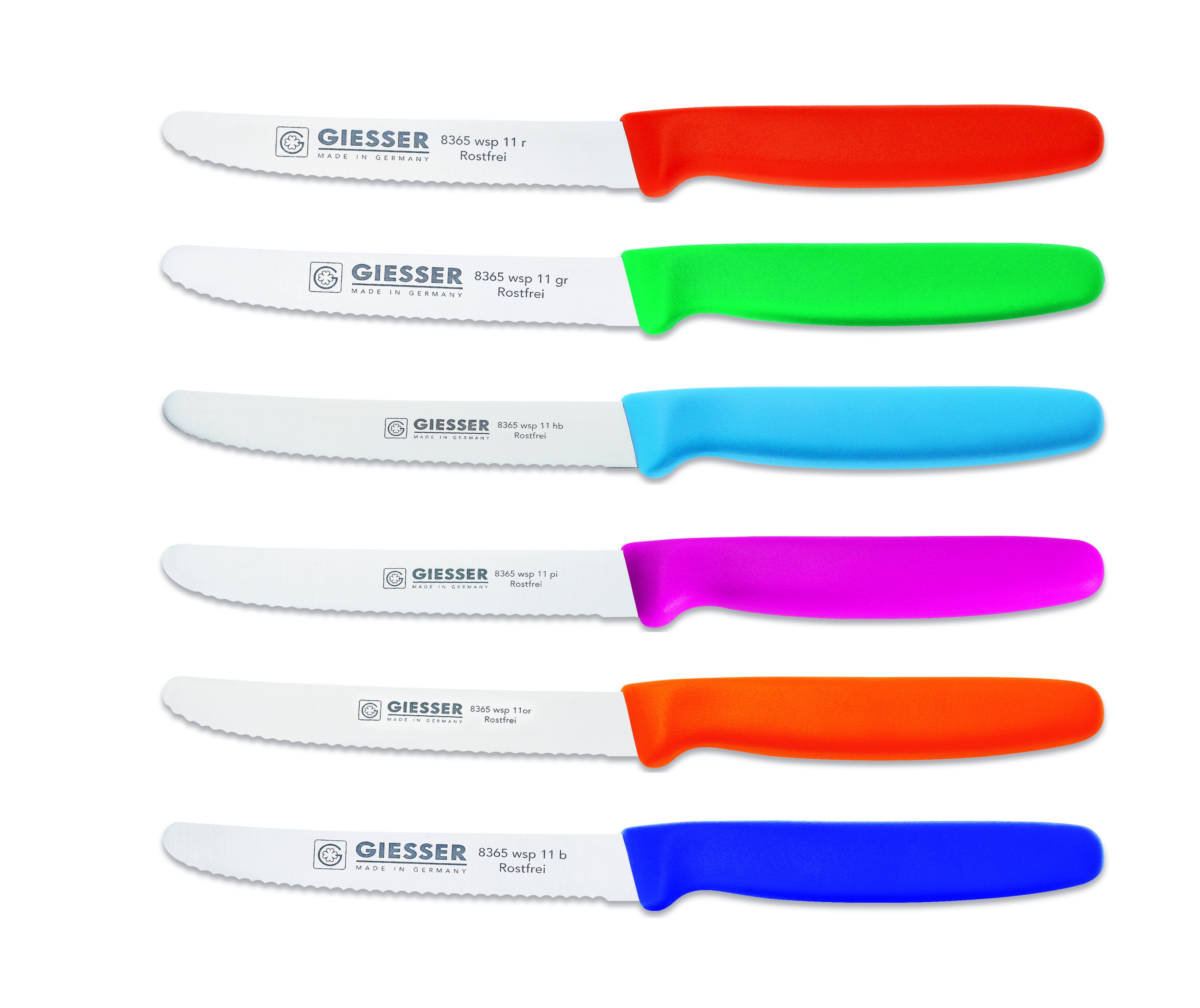 GIESSER Tomatenmesser Brötchenmesser 8365 wsp 11-6, 6er Set bunt gemischt; 3mm Wellenschliff; extrem Scharf