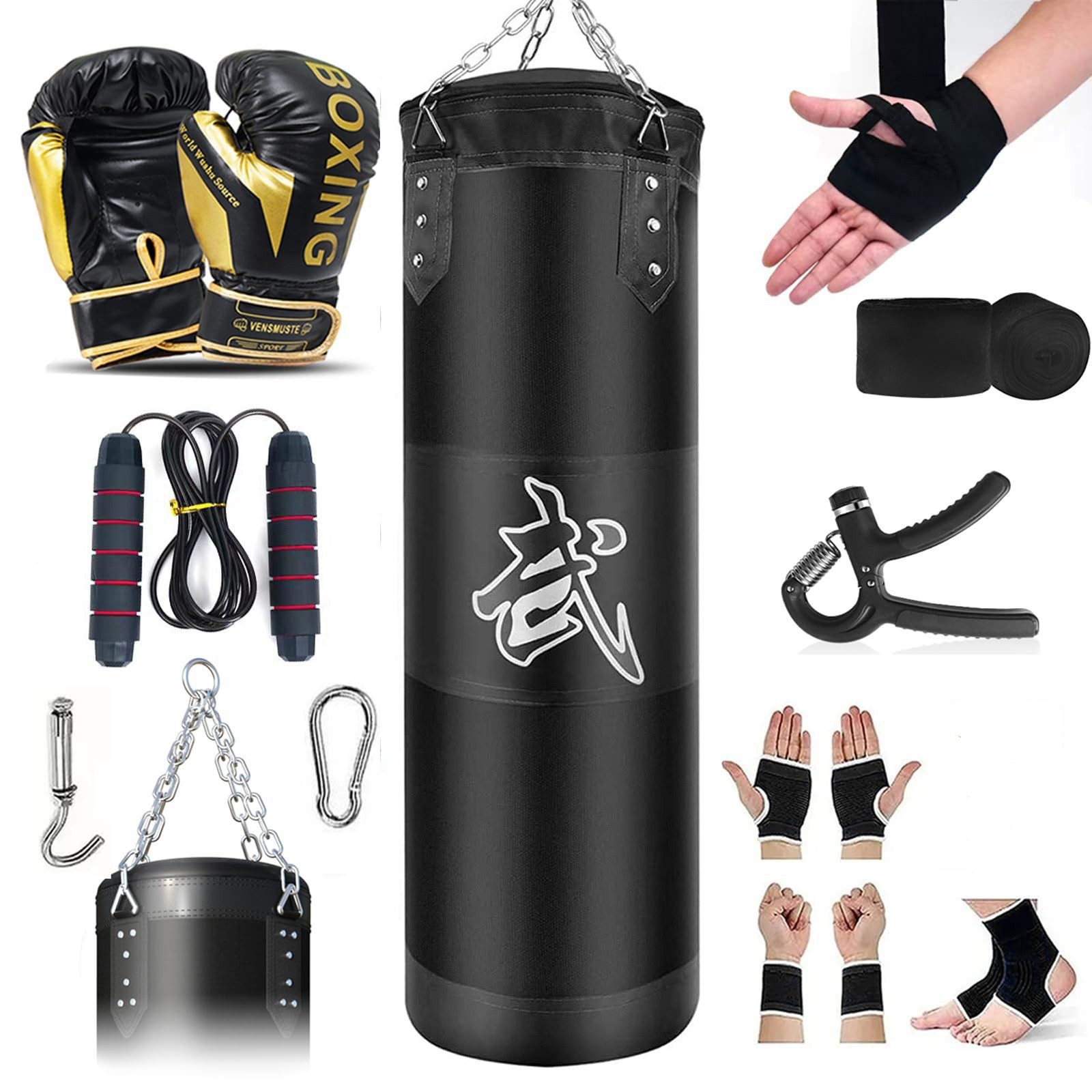 MOPUEA Boxsack Boxsack Sports Boxsack großer Profi Stahlkette Sandsack schwarz 120cm (Hängender Boxsack Set Ungefüllt für Erwachsene Jugend Training), für MMA Muay Thai Karate Taekwondo Training, Oxford-Tuch