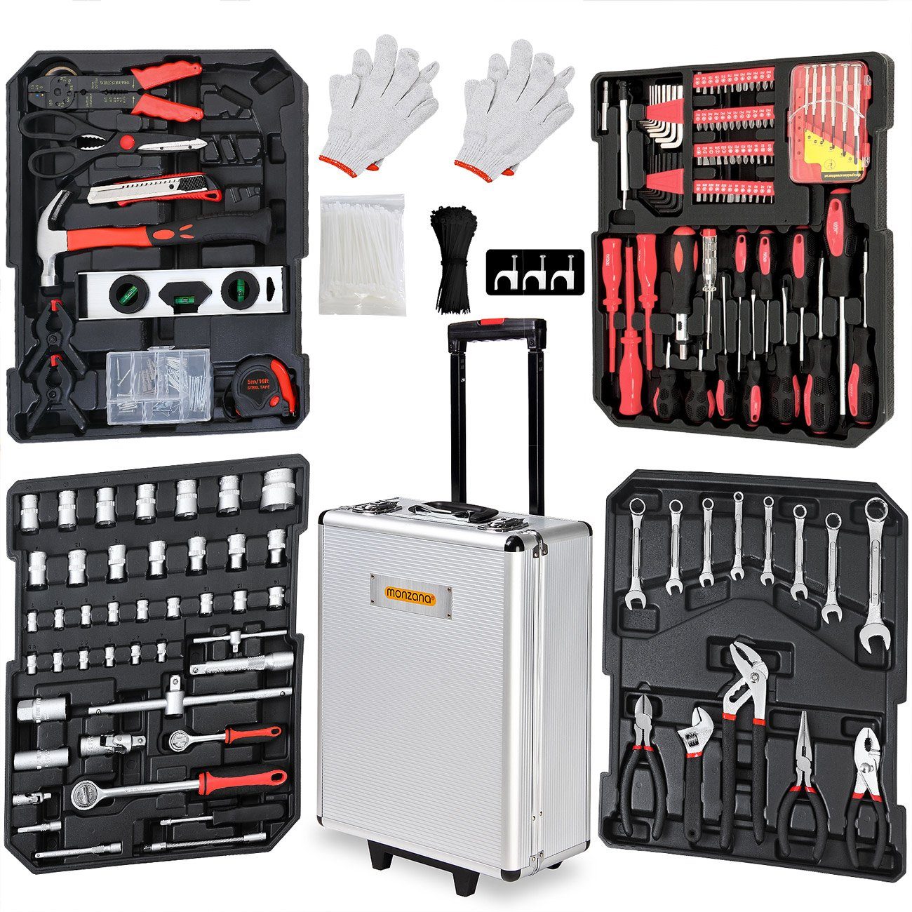 monzana Werkzeugkoffer, 899tlg Qualitätswerkzeug gefüllt XXL Werkzeugkasten Set Werkzeugkiste