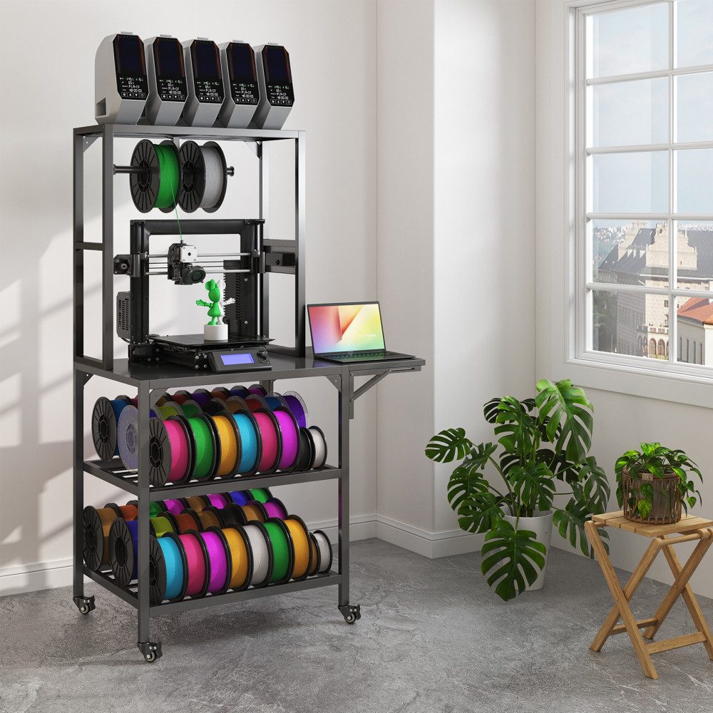 BBG Druckertisch 3D-Druckerständer aus Metall mit Filamentablage & T-Spulenhalter (mobiler 3D-Drucker Tisch mit Rollen & Bremsen), stabile Werkbank für Studio, Heim & Werkstatt