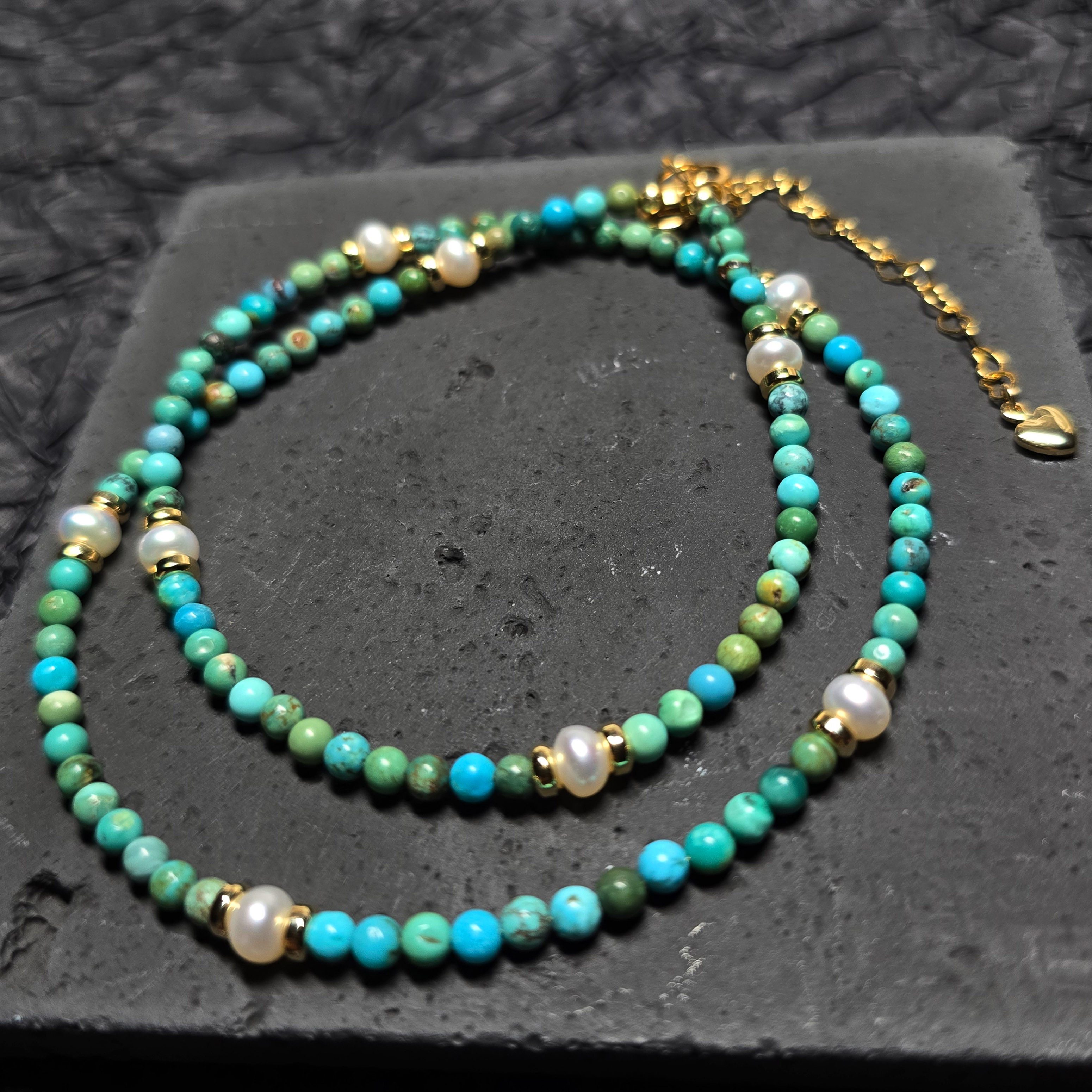 GOLDEN Kette ohne Anhänger Perlen mit Türkis Choker, Geburtssteine ​​Juni Dezember, Geschenk