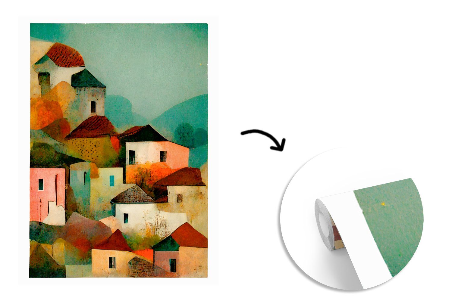 - Architektur St), Italien - Dorf Tapete Pastell Fototapete Wohnzimmer, Vinyl für Wandtapete Kunst, - MuchoWow Montagefertig Matt, - bedruckt, (4