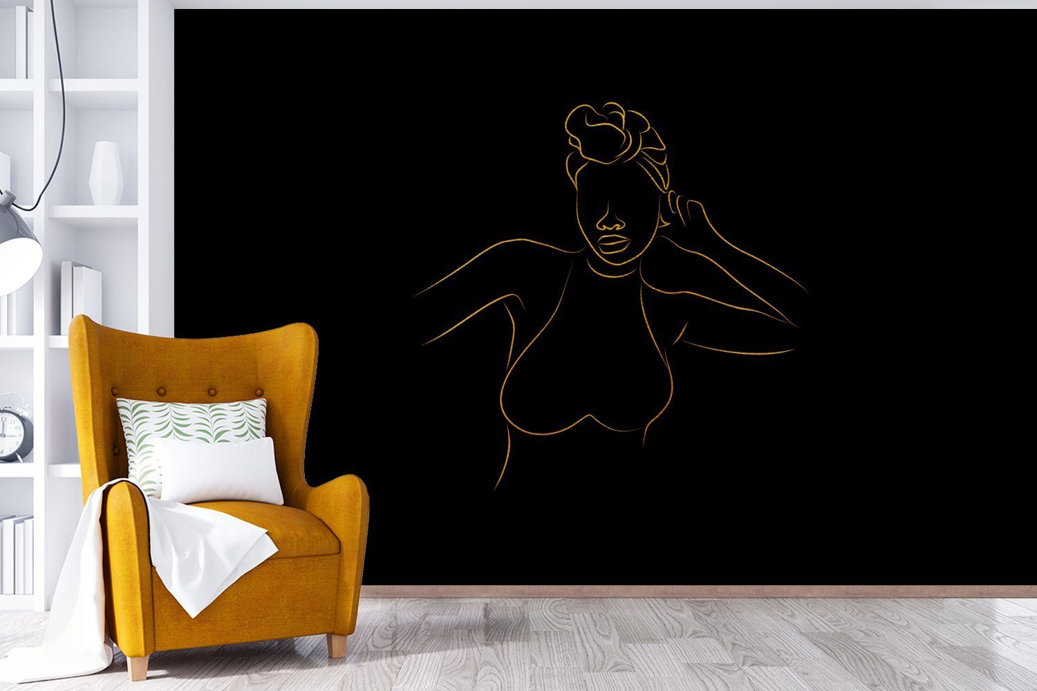 Wohnzimmer, Strichzeichnung, bedruckt, Vinyl Gold Wallpaper - für Frau (6 - MuchoWow Schlafzimmer, Tapete St), Matt, Fototapete - Schwarz Kinderzimmer,