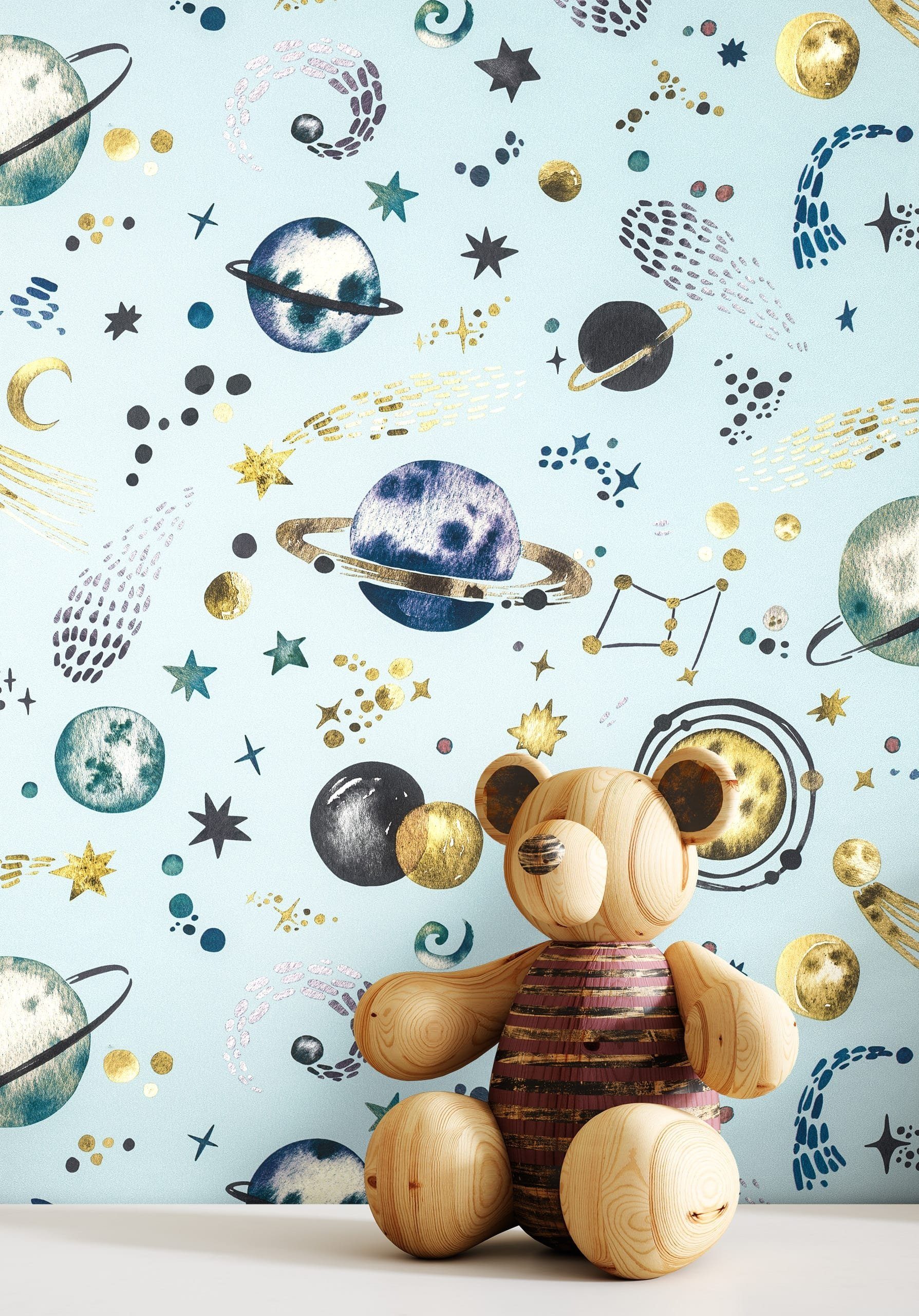 Newroom Vliestapete, Blau Tapete Kinder Galaxie - Kindertapete Jugendtapete Hellblau Gold Verspielt Sterne Planeten für Kinderzimmer Jugendzimmer Babyzimmer