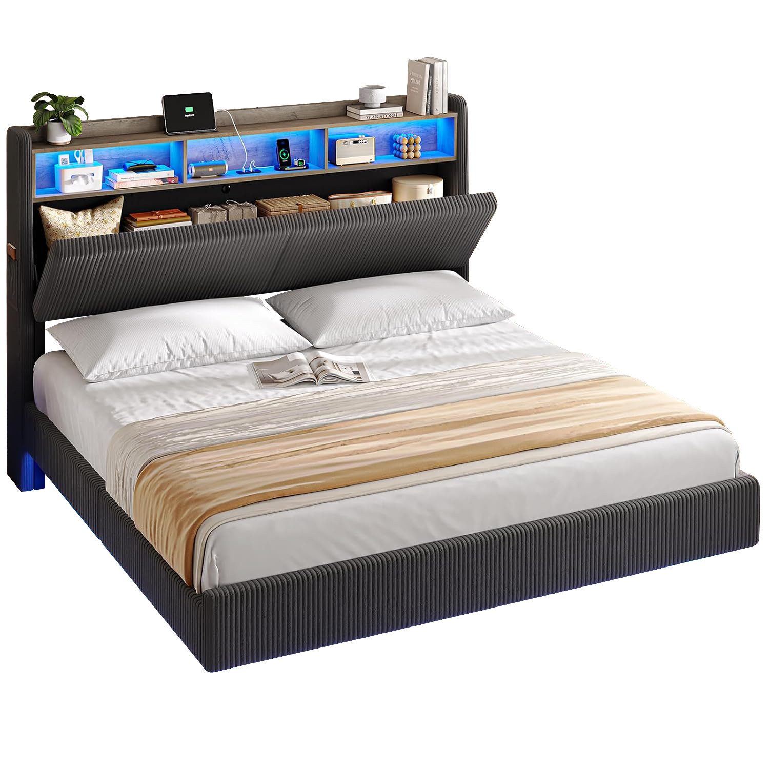 MSMASK Polsterbett Schwebebett mit 270°-LED-Beleuchtung, USB & Type-C Ladestation (Ohne Matratze), Doppelbett mit Stauraum-Kopfteil 180x200 cm – Bild 3 von 5