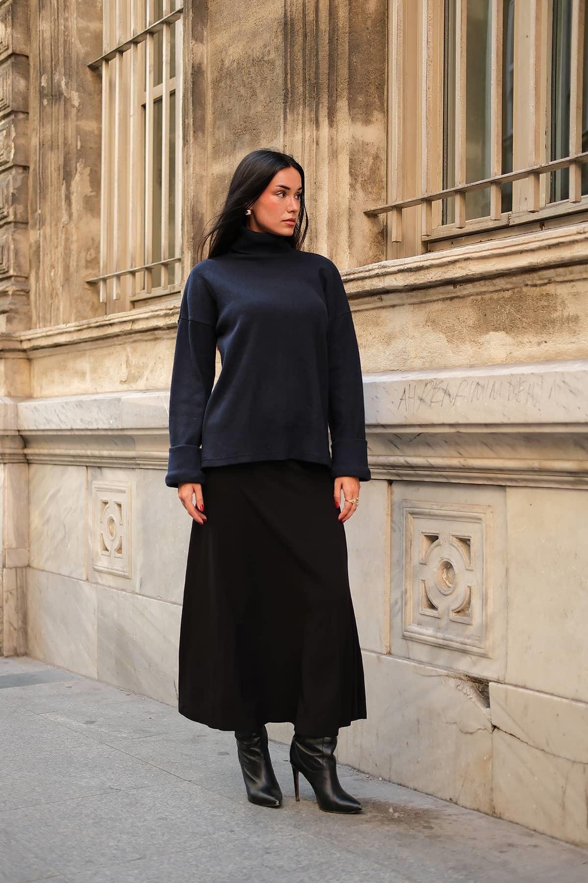 For You Moda Blusentop Marineblaue Bluse mit Ärmel-Details