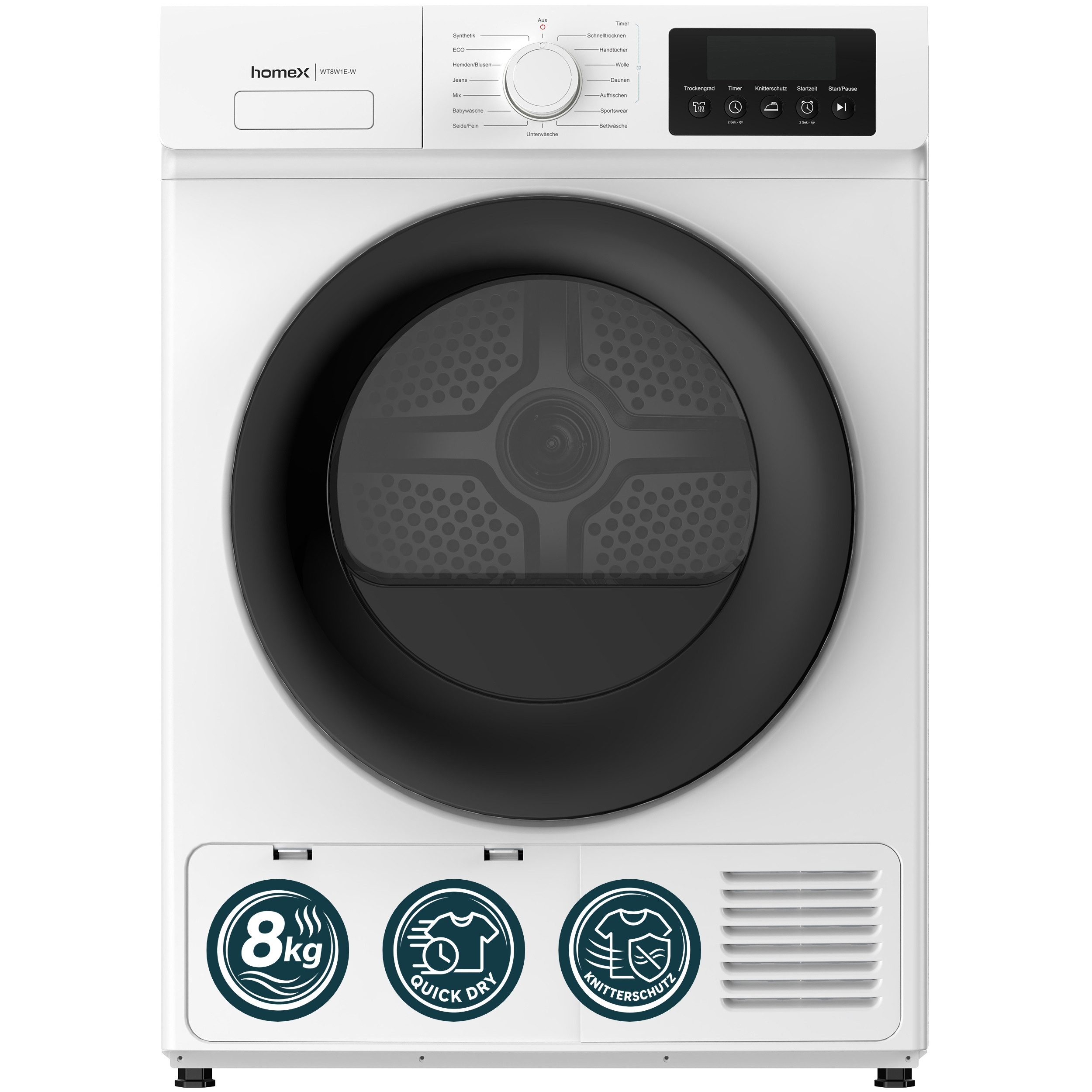 homeX Wärmepumpentrockner WT8W1E-W, 8kg Trockner mit Knitterschutz, Wäschetrockner mit 15 Programmen, weiß