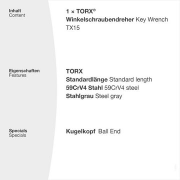 TORX Torxschlüssel Winkelschraubendreher mit Kugelkopf TX9 - TX40 in Stahlgrau