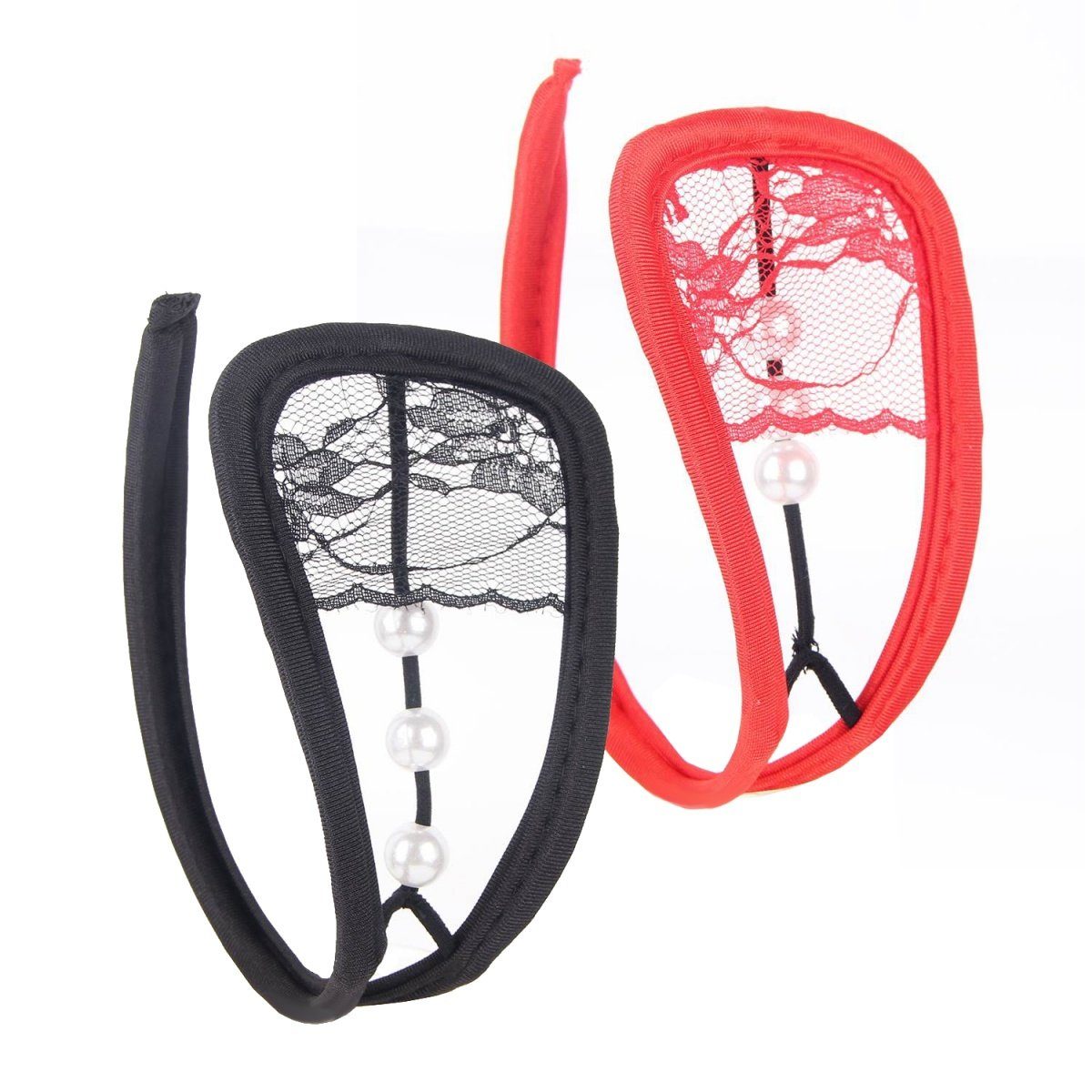 Stringtanga 2er Set Perlen C-String Slip Mini Bikini Schwarz Rot Unterhose S/M/L