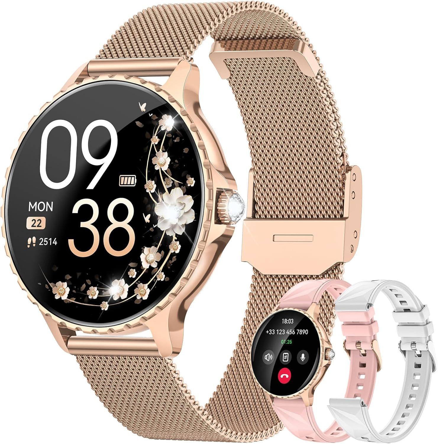 AIMIUVEI I228 Smartwatch (3,2 cm, Android iOS), Damen Smartwatch mit Anruffunktion, 120 Sportmodi, Gesundheits-Tracker