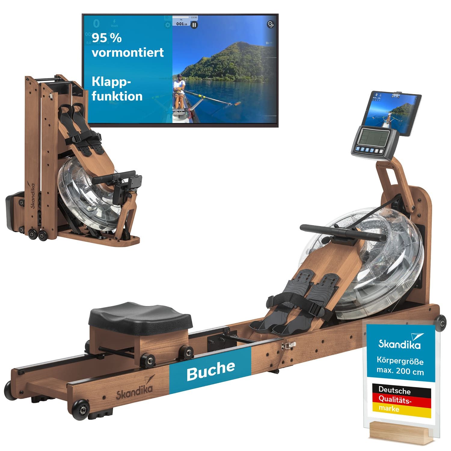Skandika Rudergerät Nytta, Wasserrudergerät für Zuhause, Buchenholz, Transportrollen, 45° Tank, klappbar, Kinomap App, LCD-Display, Bluetooth, bis 150 kg