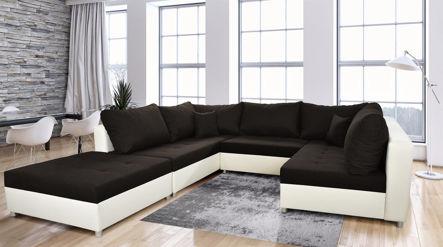 Fun Möbel Wohnlandschaft Wohnlandschaft Sofa U-Form ANDRO, Inkl. Schlaffunktion, Bettkasten und Hocker, Inkl. 2 Zierkissen und 7 Rückenkissen Weiß-Schwarz