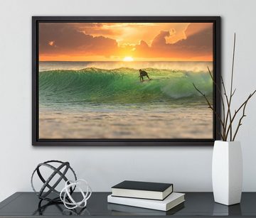 Pixxprint Leinwandbild Surfen im Sonnenuntergang, Wanddekoration (1 St), Leinwandbild fertig bespannt, in einem Schattenfugen-Bilderrahmen gefasst, inkl. Zackenaufhänger