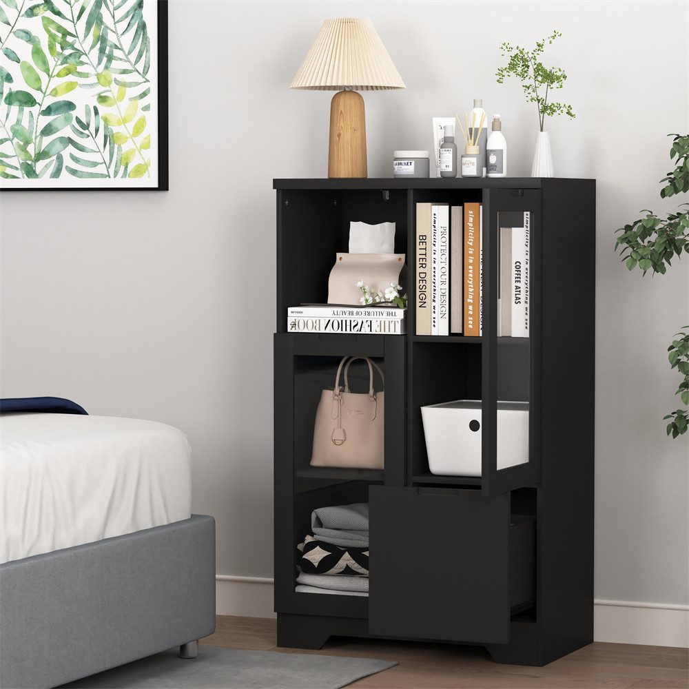 MODFU Wandhängeschrank Lackierter MDF-Schrank, mit Glastüren & Schublade – Stabiler Aufbewahrungsschrank für Schlafzimmer & Wohnzimmer, elegantes Design & offener Stauraum 1-tlg.
