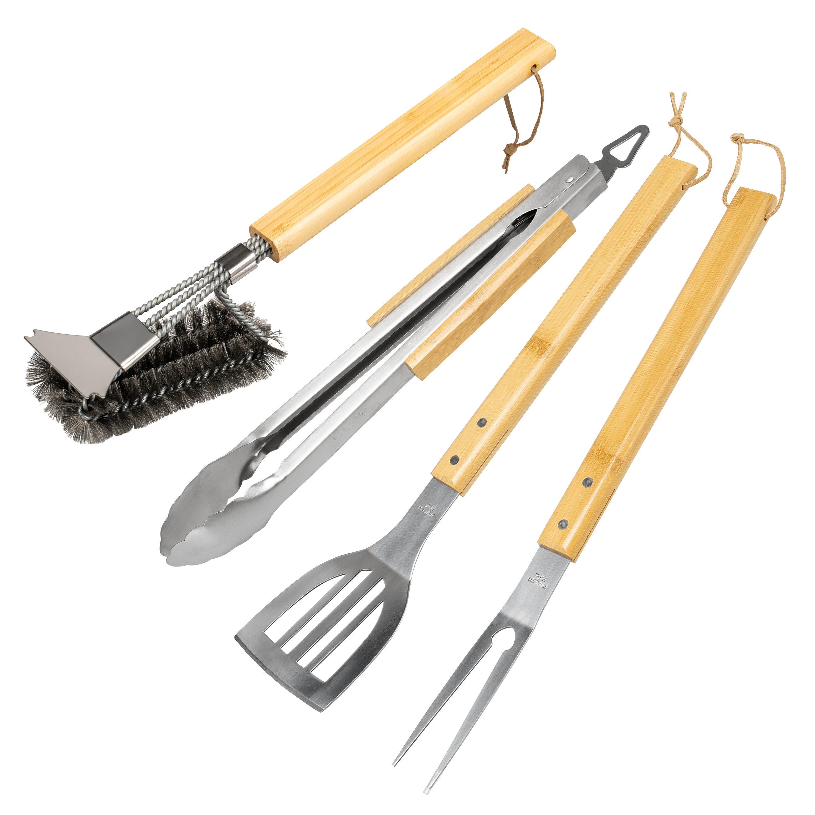 eluno Grillbesteck-Set Grillbesteck 4er-Set, (4 tlg., Fleischgabel, Wender, Zange und Grillbürste), mit Aufhängeösen
