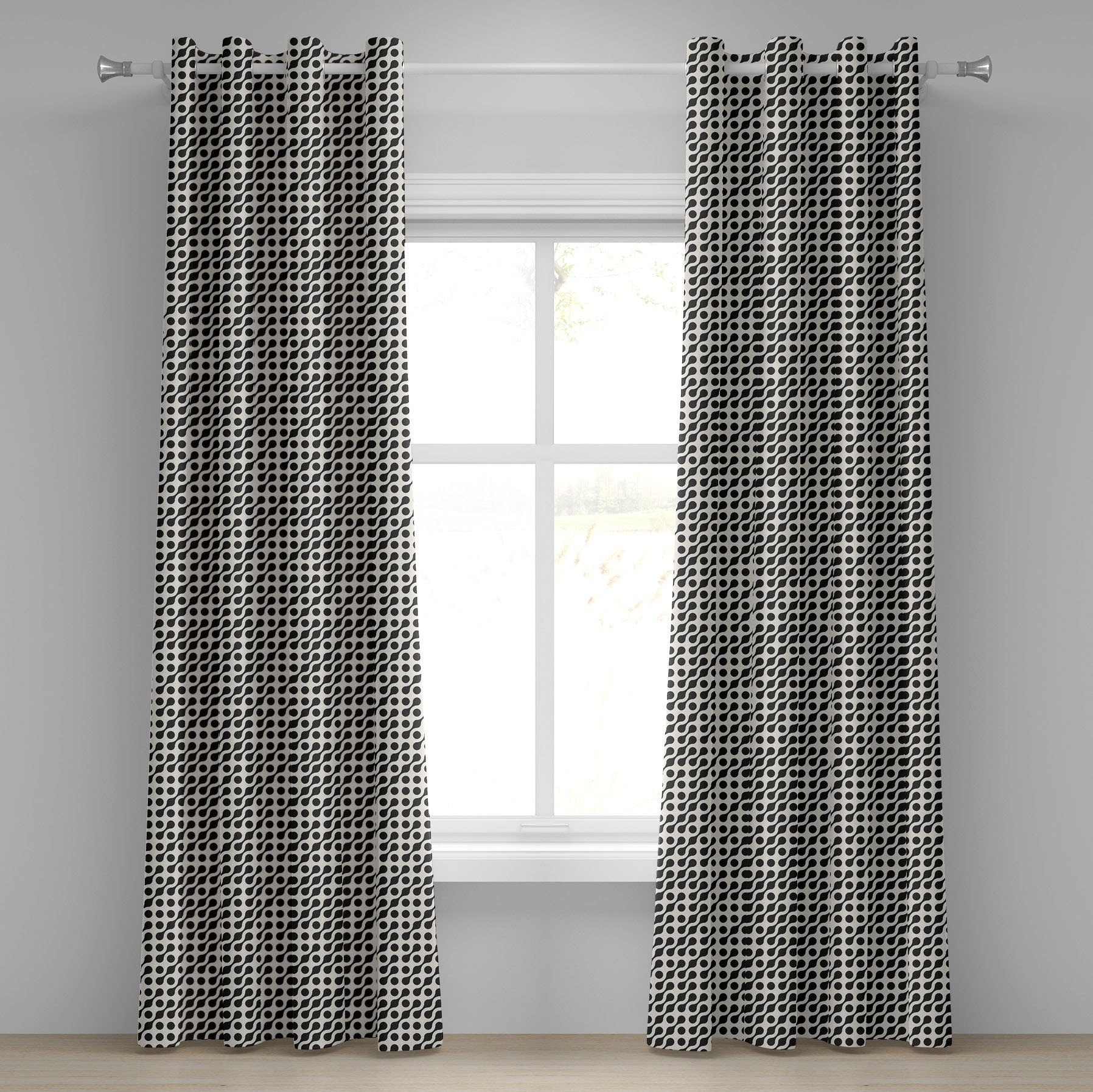 Gardine Dekorative 2-Panel-Fenstervorhänge für Schlafzimmer Wohnzimmer, Abakuhaus, Schwarz und weiß abgerundete Kreise | Fertiggardinen