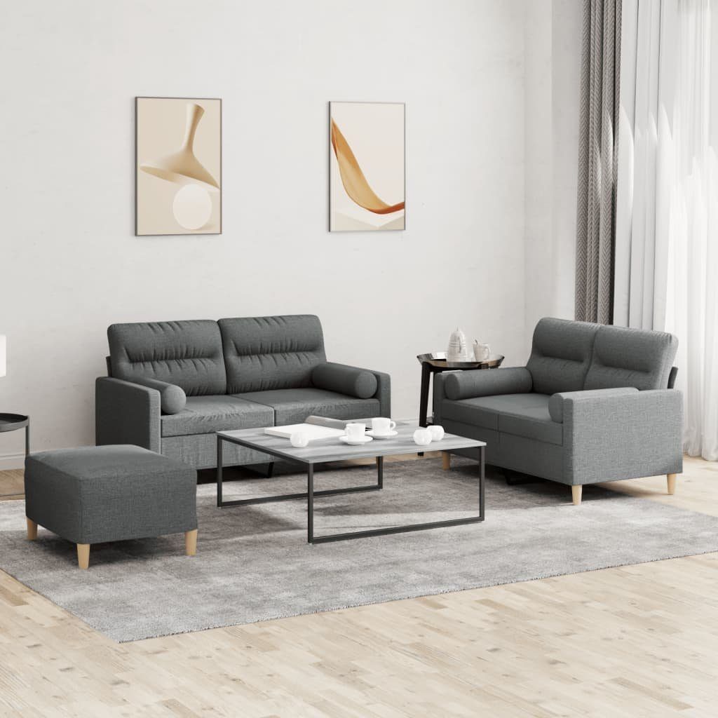 vidaXL Sofa 3-tlg. Sofagarnitur mit Kissen Dunkelgrau Stoff