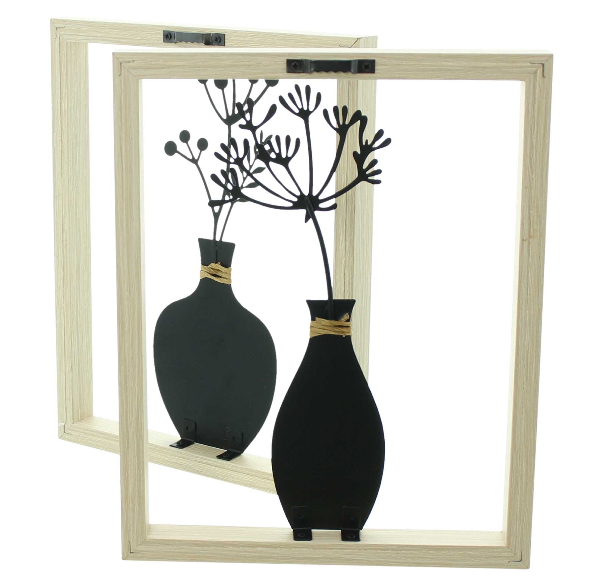Dekoleidenschaft Wanddekoobjekt "Vase" Metall Wanddeko schwarz mit Holz Rahmen, Metallbild, Wandbilder (2 St., im Set), Wandobjekt für Wohnzimmer, Flur, Büro, W – Bild 4 von 5
