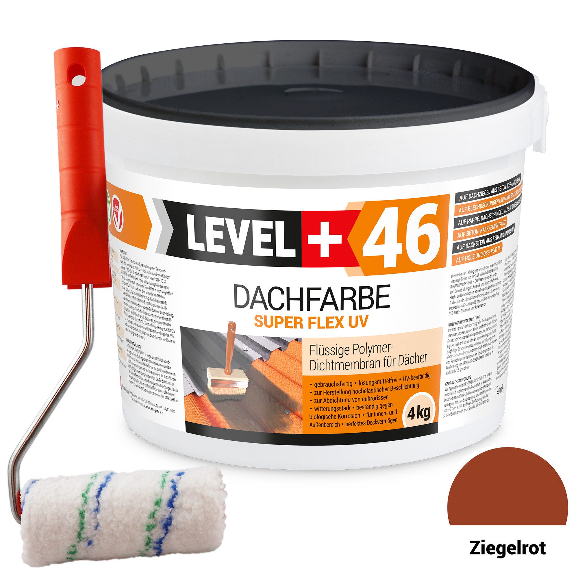 Level+ Dachfarbe Dachfarbe Sockelfarbe elastische L+46 ZIEGELROT - 4KG + Farbroller