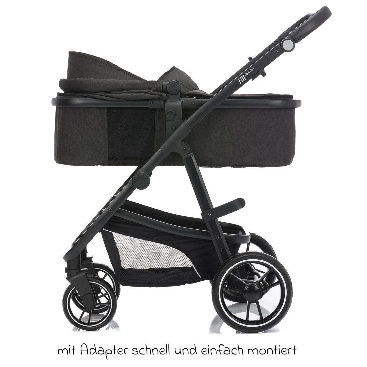 Fillikid Kombi-Kinderwagen Fill Jaguar - Dunkelgrau Melange, 3in1 Kinderwagen mit Babyschale, Babywanne, Sportsitz & Wickeltasche