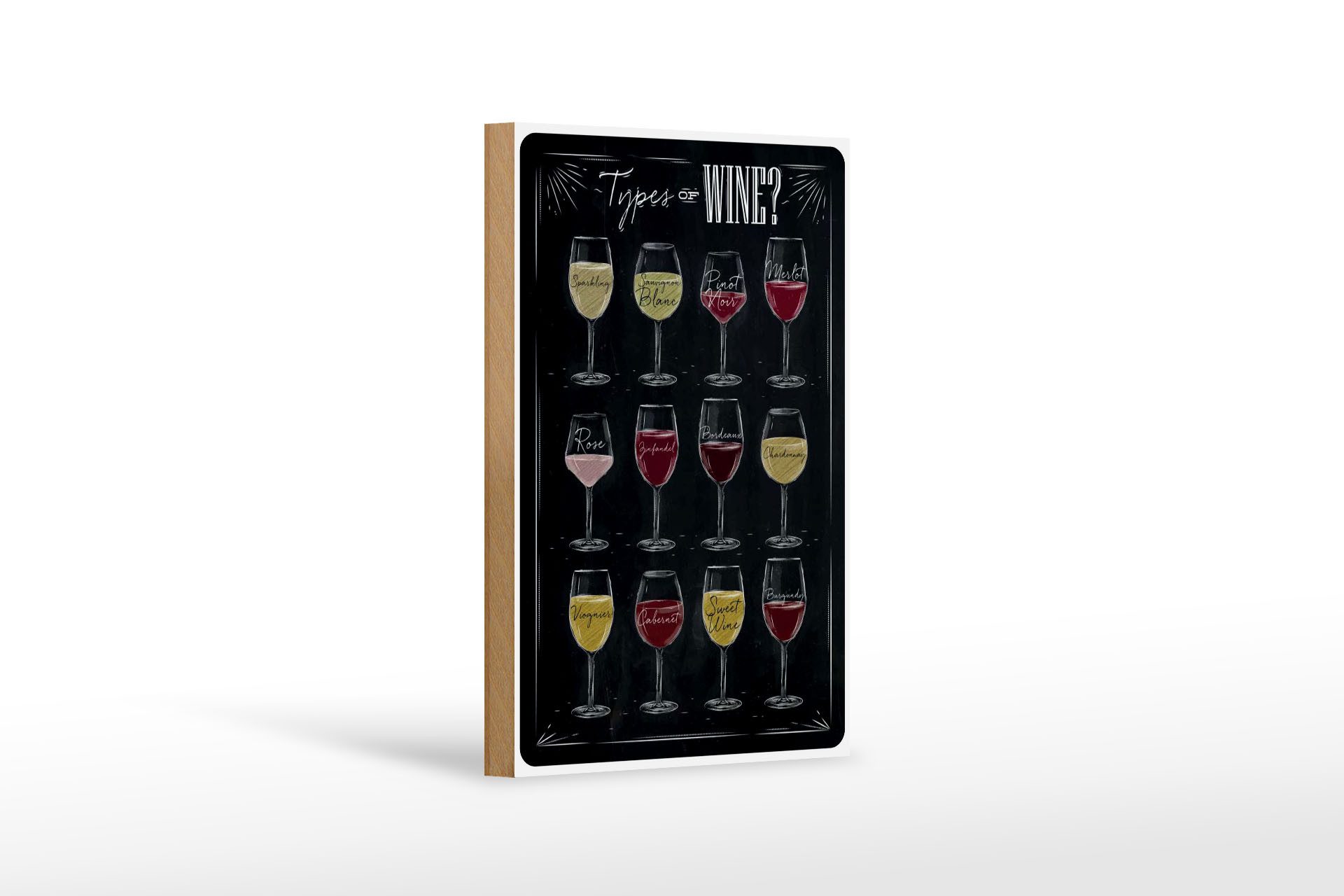 Femer GmbH Holzbild Alkohol 12x18 cm Types of Wine 12 Weingläsern, (1 St), Glatte Holzfaserplatte (MDF), vorn beschichtet