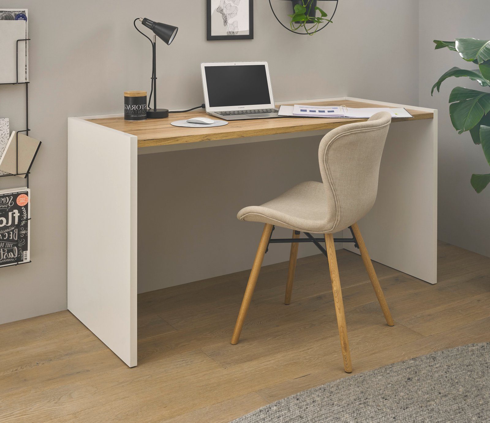 Furn.Design Schreibtisch Center (Laptoptisch in weiß mit Eiche, 143 x 62 cm)