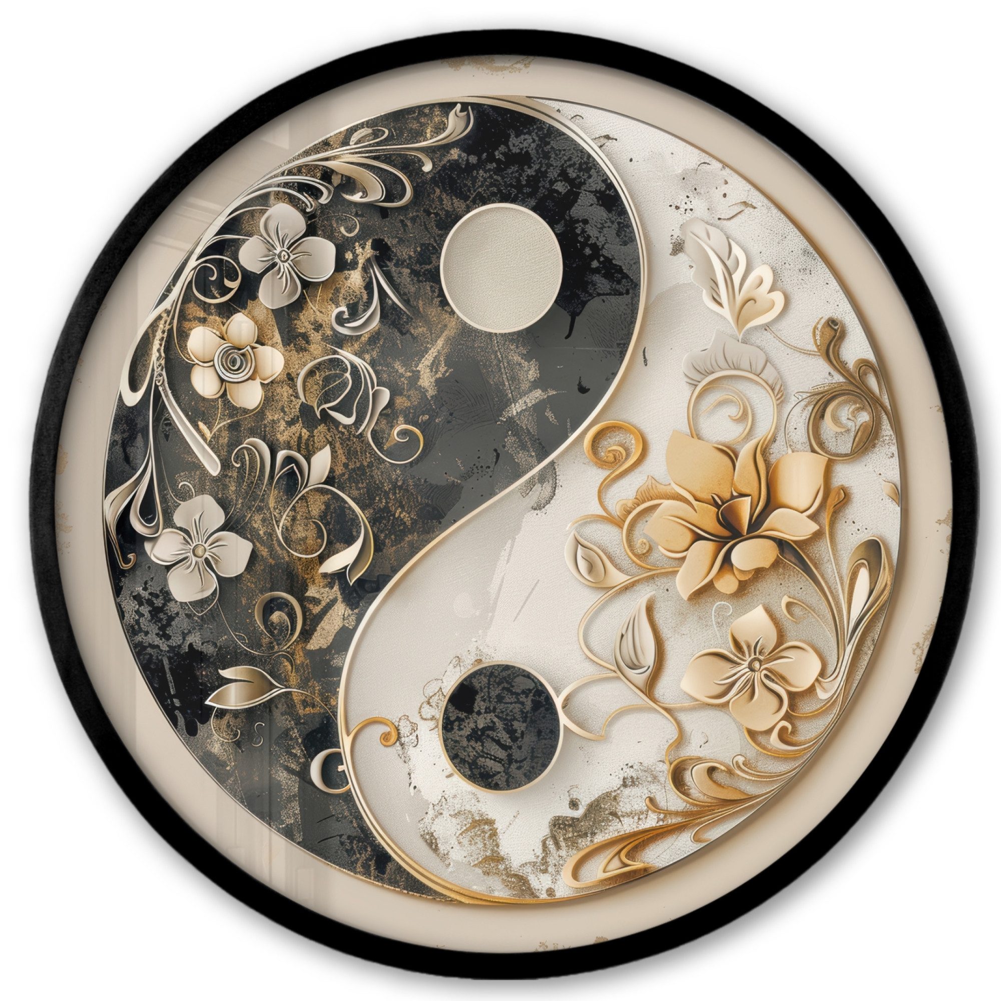 MuchoWow Poster Rund - Yin Yang - Blumen - Schwarz - Weiß - Vintage, (1 St), Runde Wandbilder, Deko für Wohnzimmer und Schlafzimmer, 40x40 cm