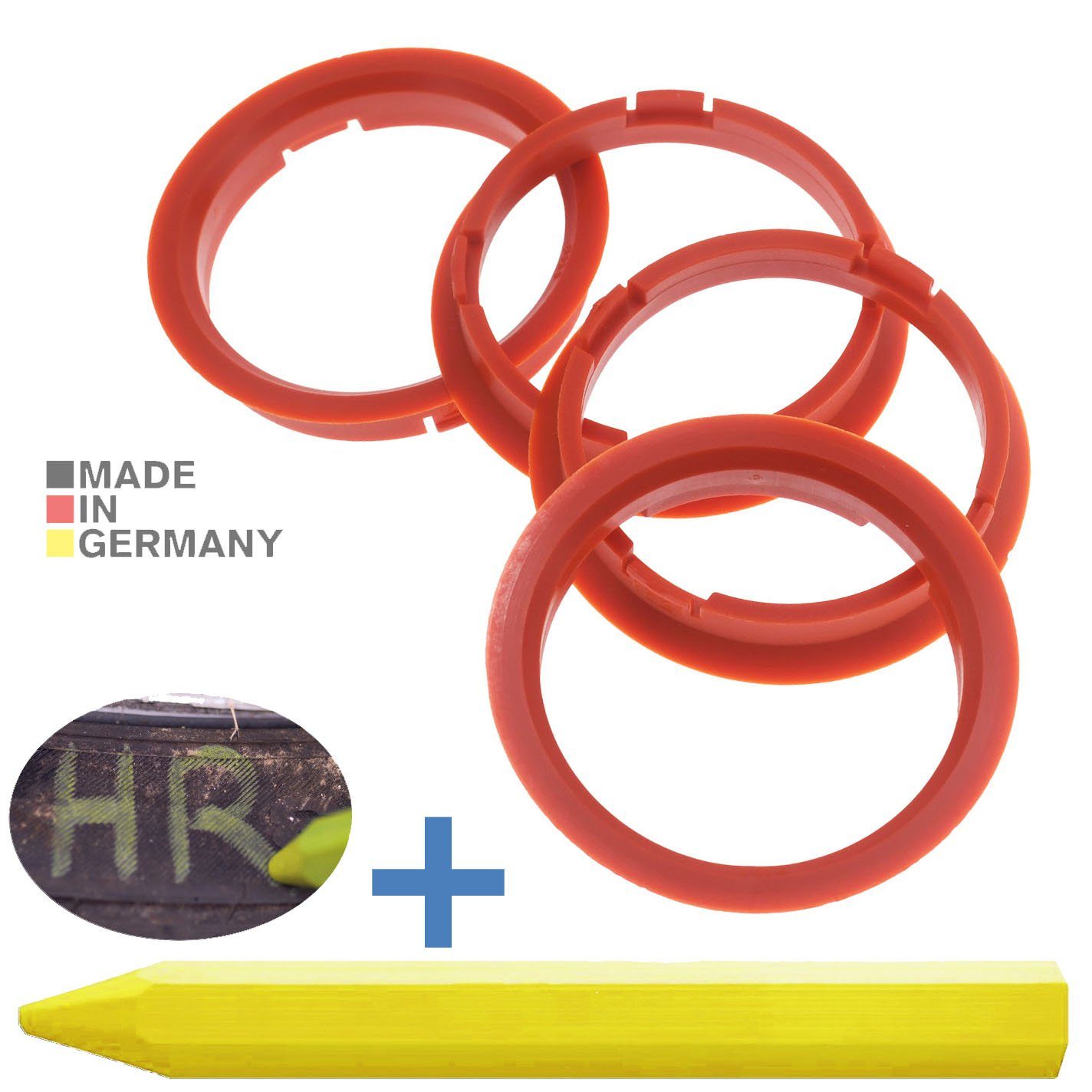 RKC Reifenstift 4X Zentrierringe Orange Felgen Ringe + 1x Reifen Kreide Fett Stift, Maße: 74,1 x 66,6 mm